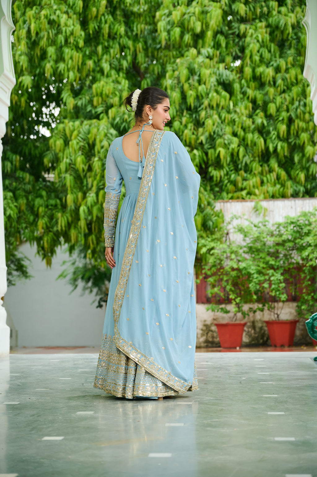 Women Georgette Sky blue Sequence embroidery work Kurta Set