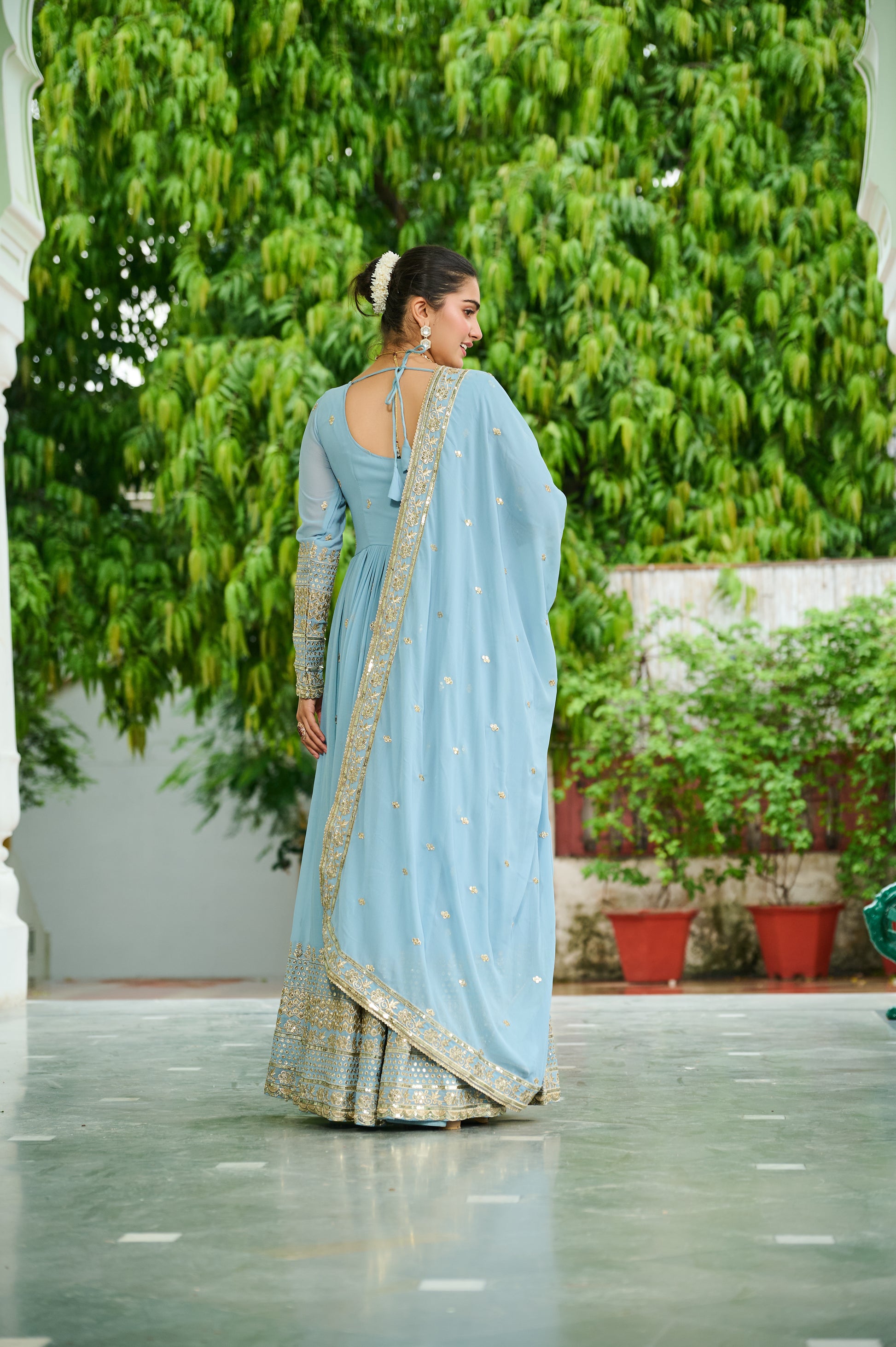 Women Georgette Sky blue Sequence embroidery work Kurta Set