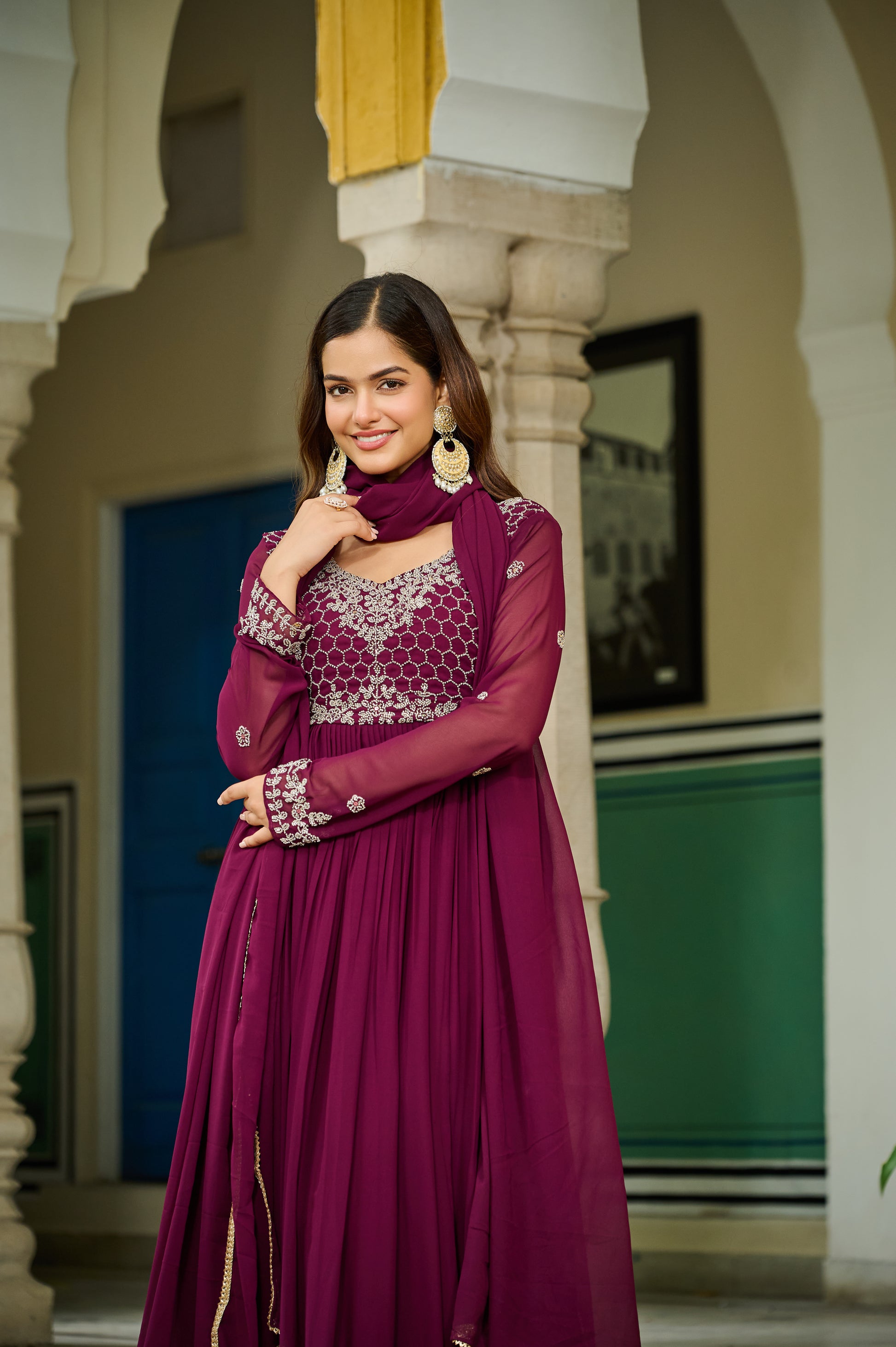 Women Georgette Maroon Sequence embroidery work Kurta Set