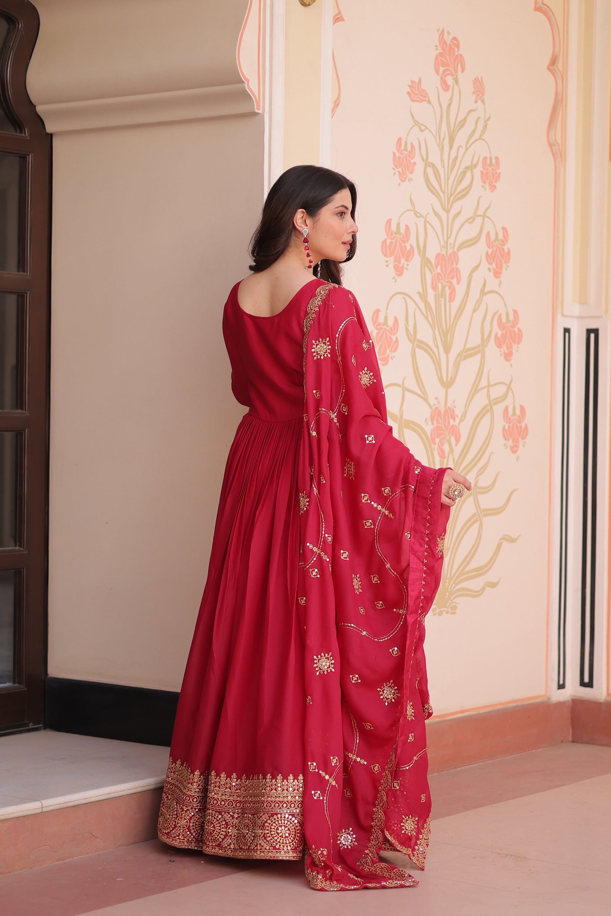 Women Georgette Red Sequence embroidery work Kurta Set