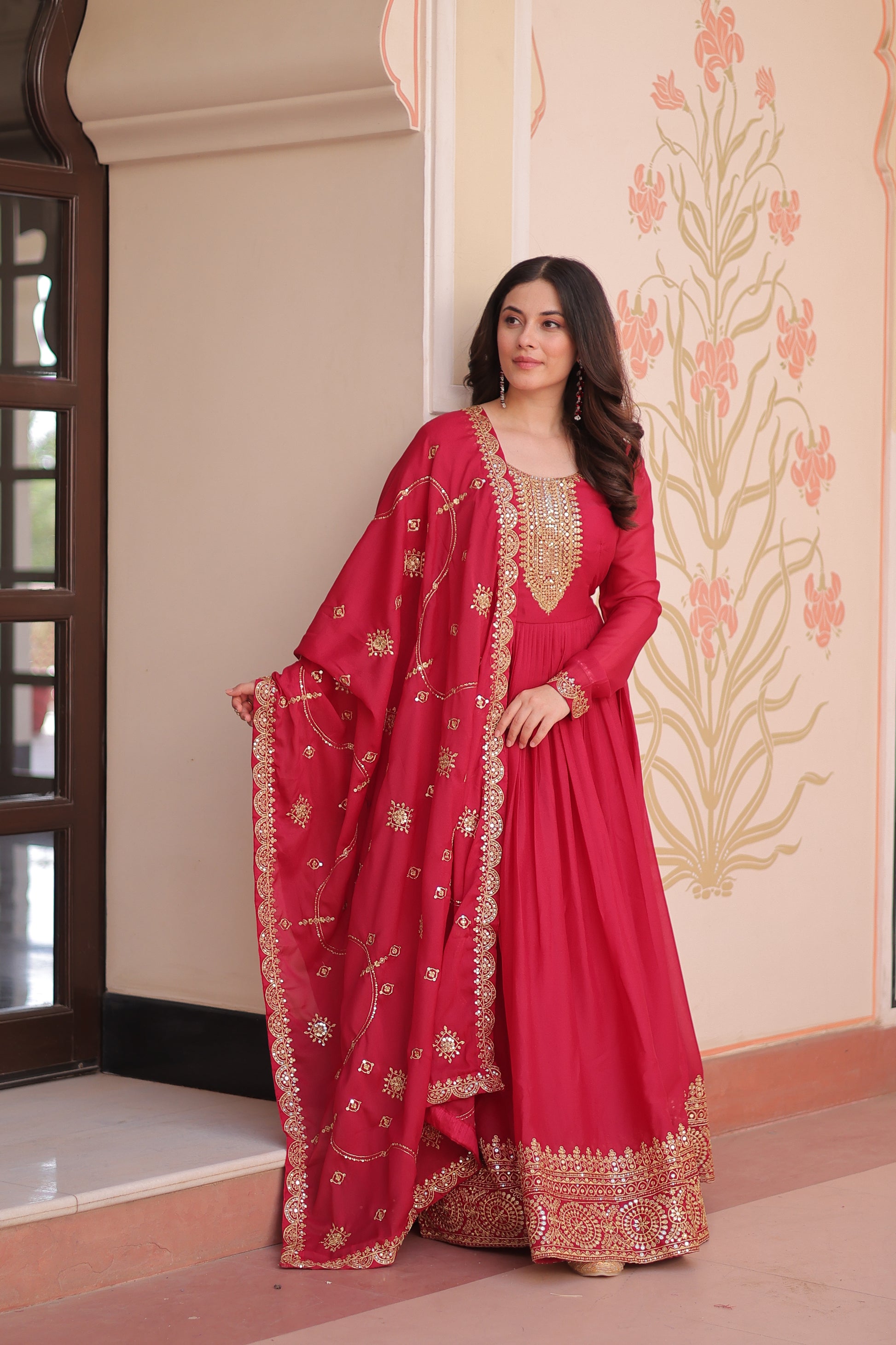 Women Georgette Red Sequence embroidery work Kurta Set