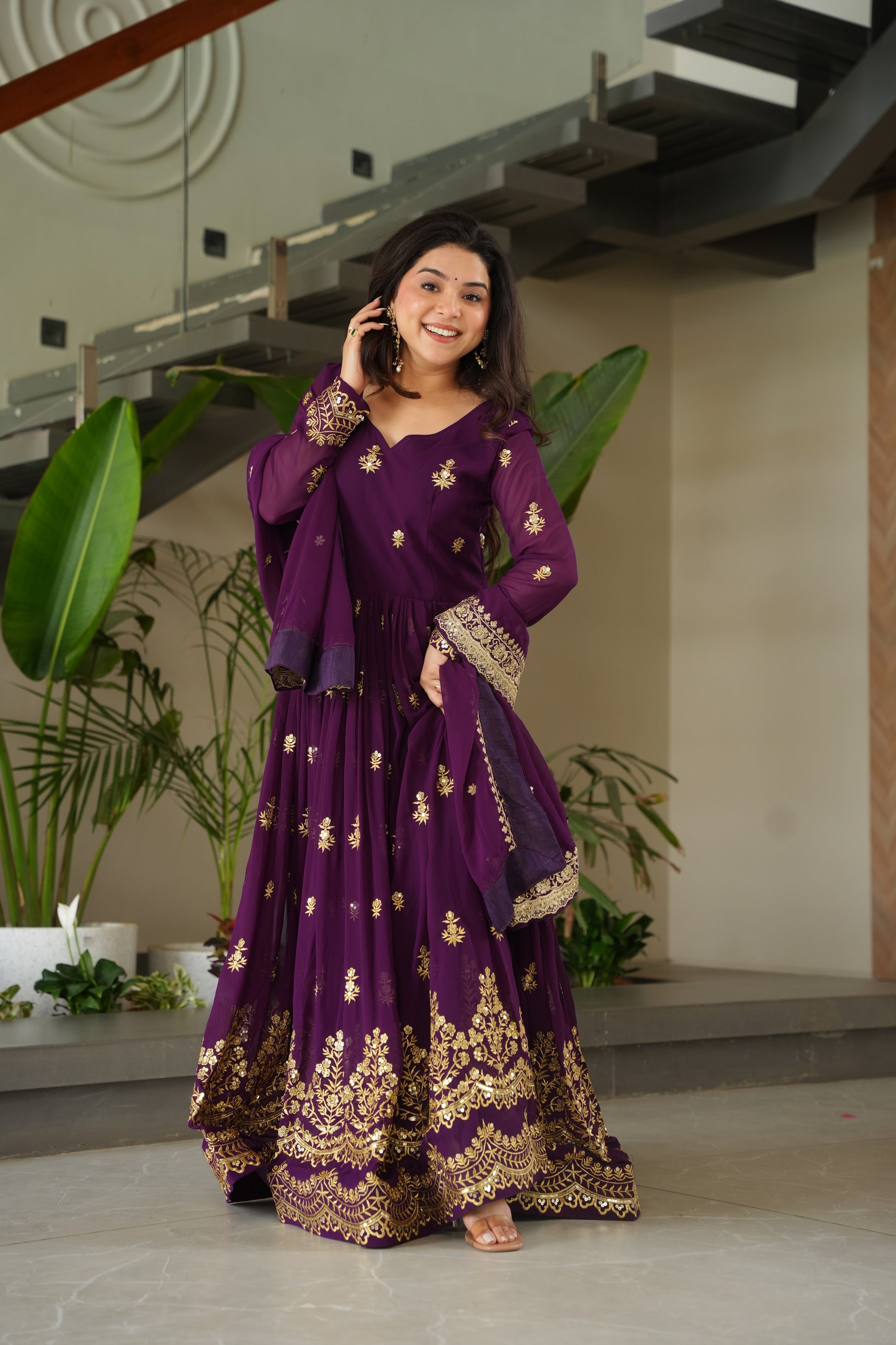 Women Georgette Purple Sequence embroidery work Kurta Set