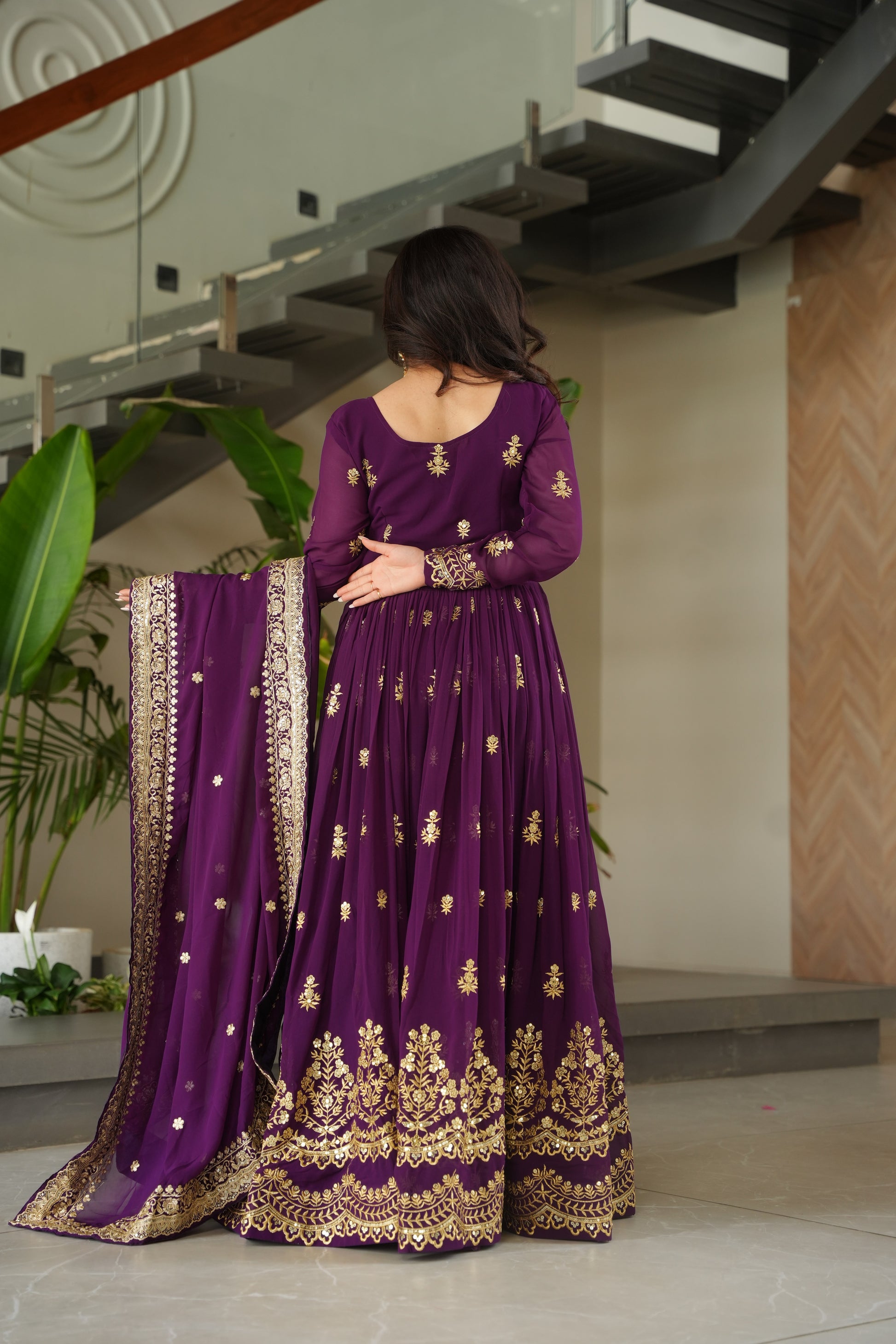 Women Georgette Purple Sequence embroidery work Kurta Set