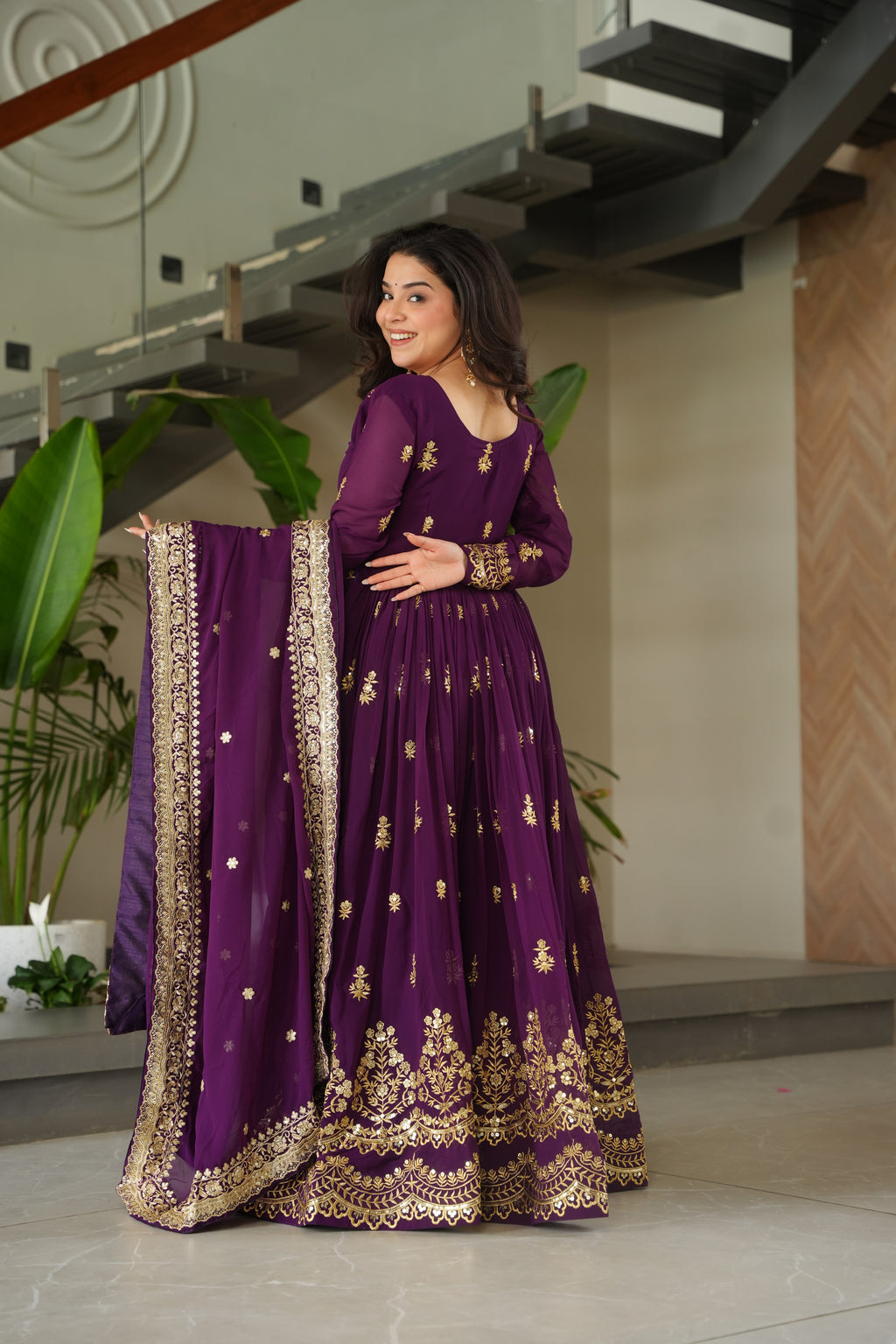 Women Georgette Purple Sequence embroidery work Kurta Set