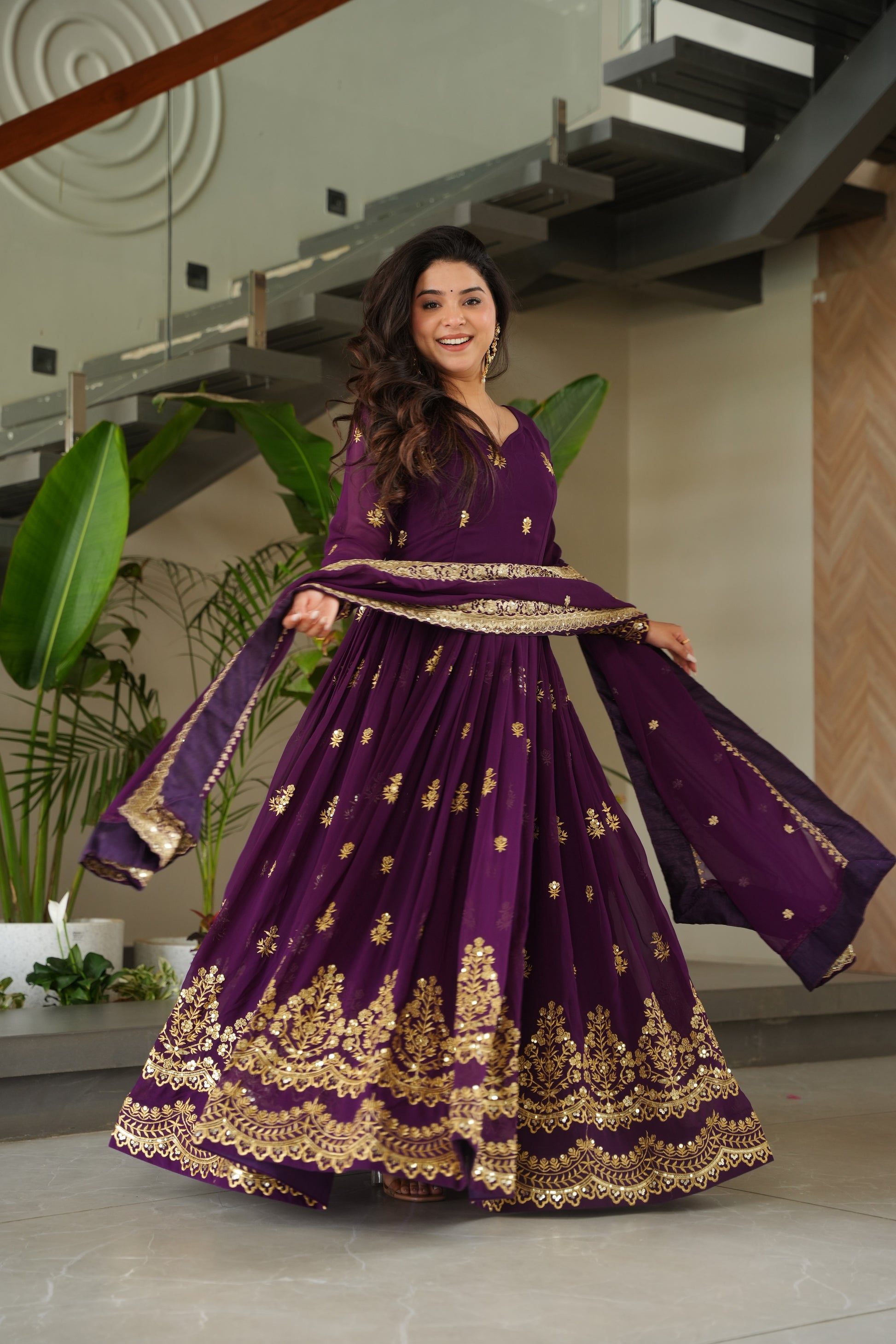 Women Georgette Purple Sequence embroidery work Kurta Set