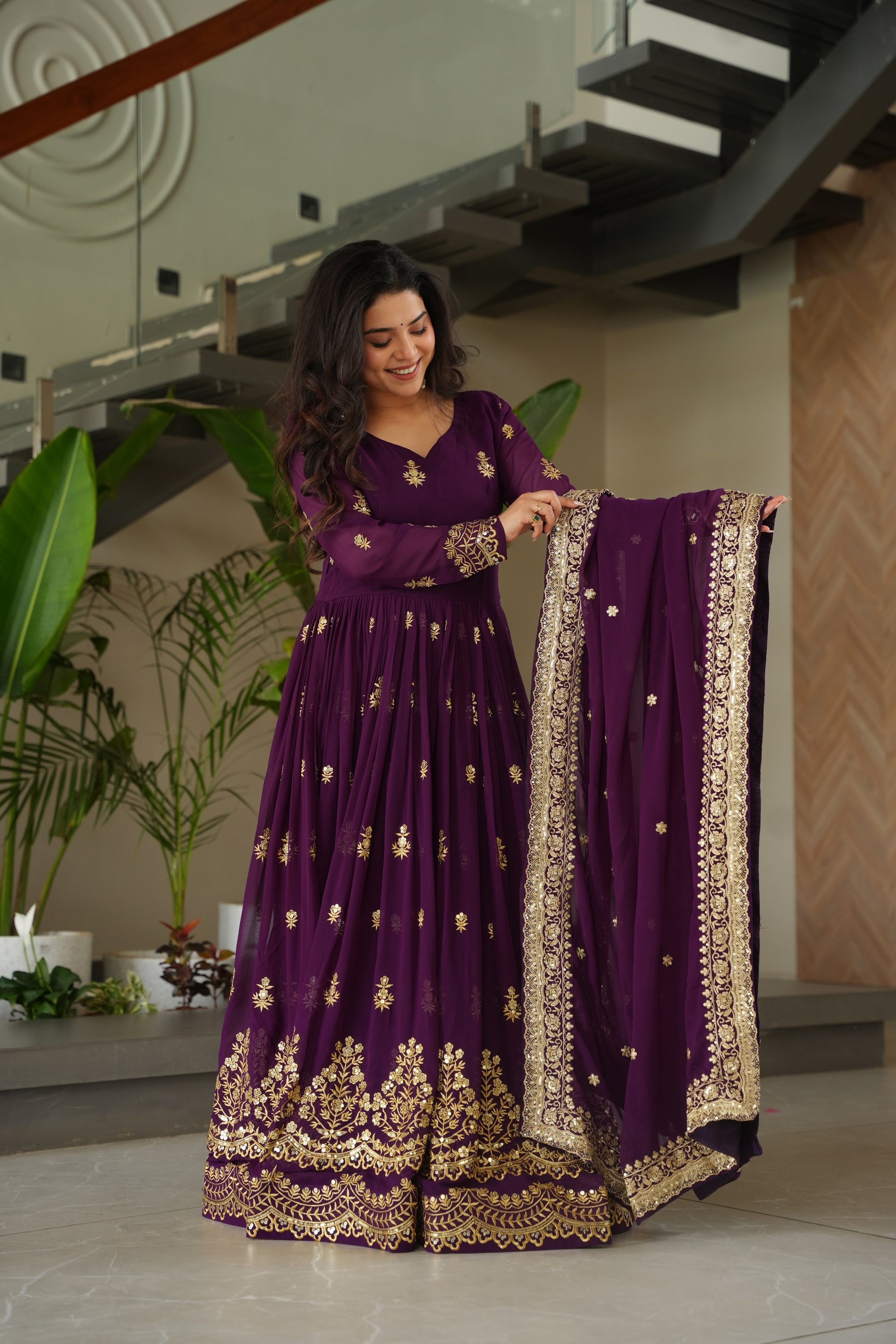Women Georgette Purple Sequence embroidery work Kurta Set
