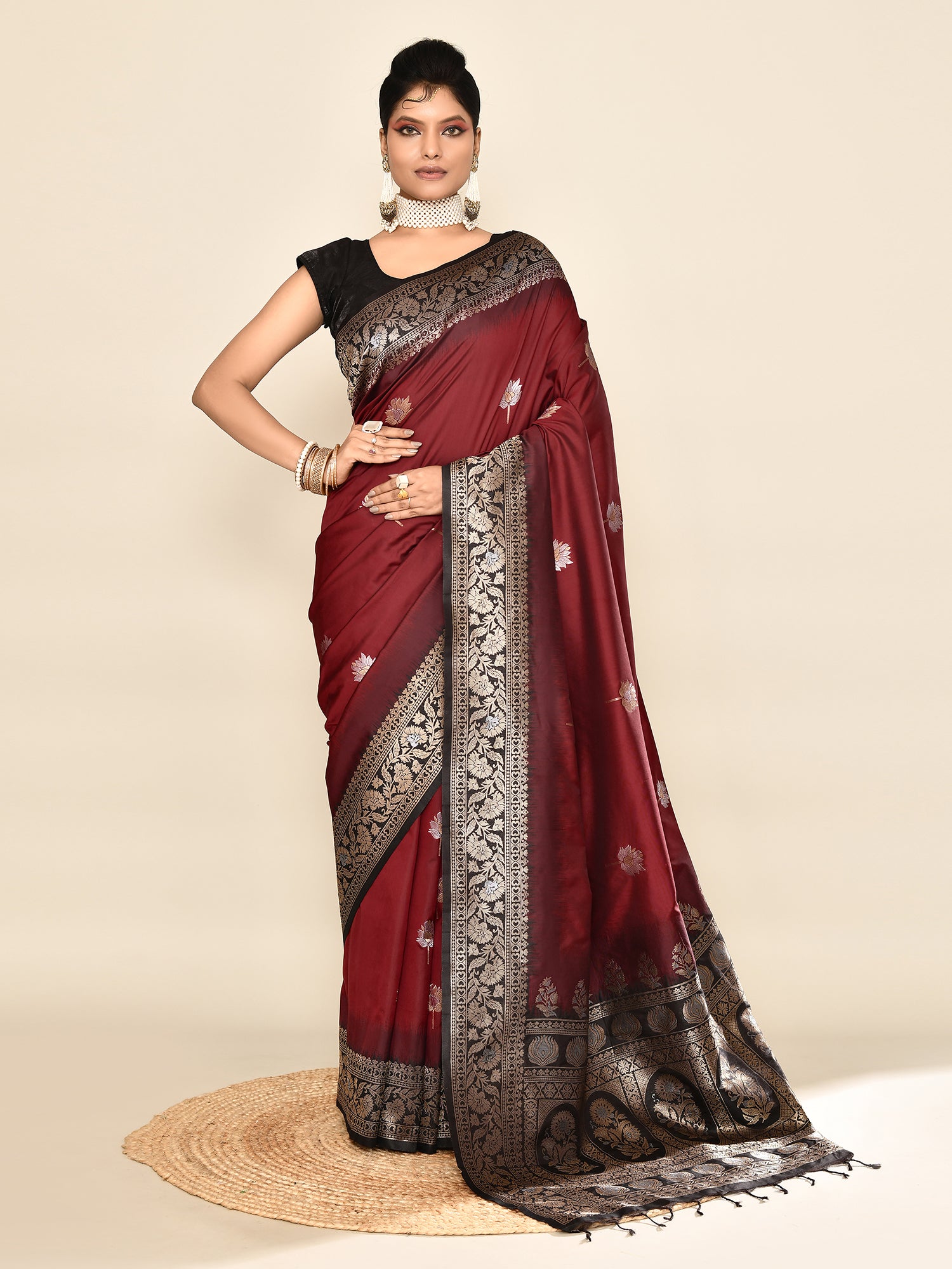 Maroon and Black Banarasi Silk Saree with Unstitched Blouse