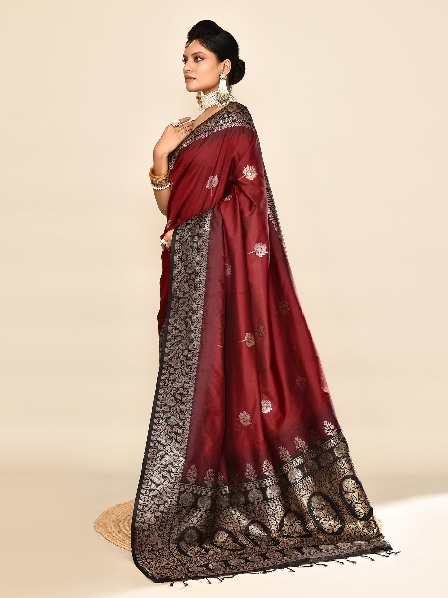 Maroon and Black Banarasi Silk Saree with Unstitched Blouse