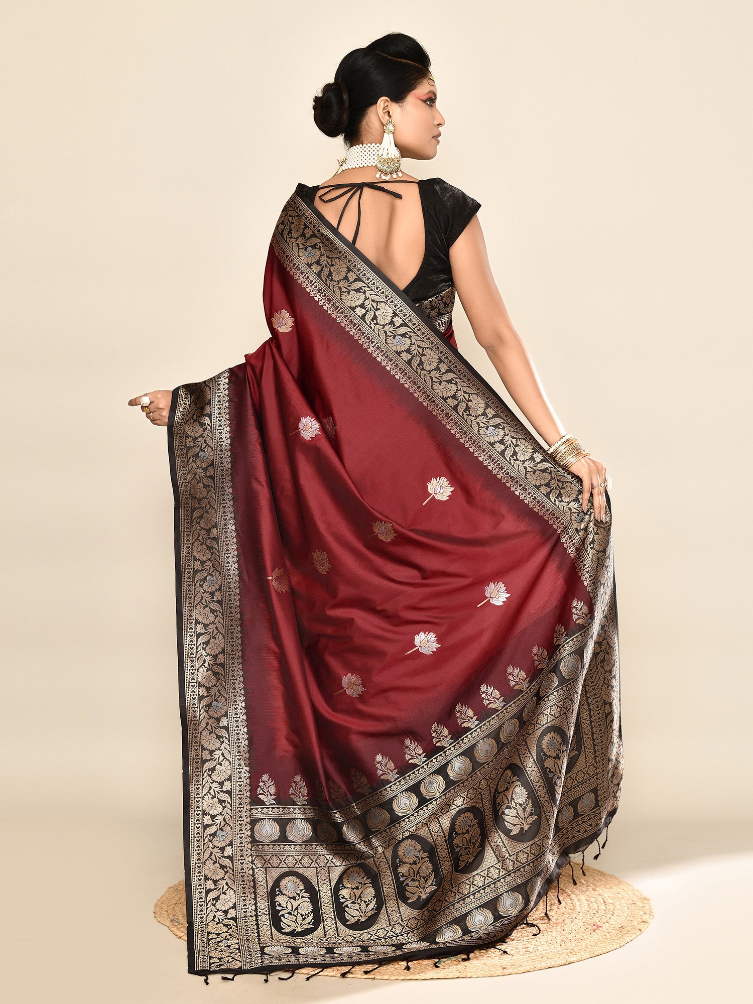 Maroon and Black Banarasi Silk Saree with Unstitched Blouse