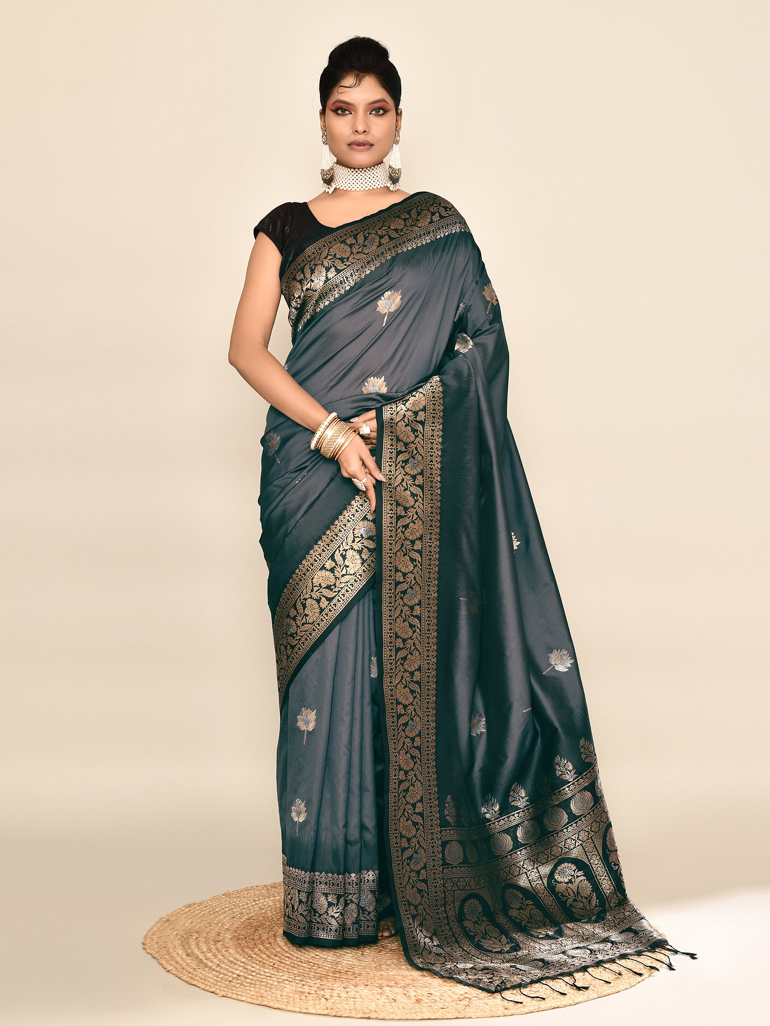 Grey and Black Banarasi Silk Saree with Unstitched Blouse