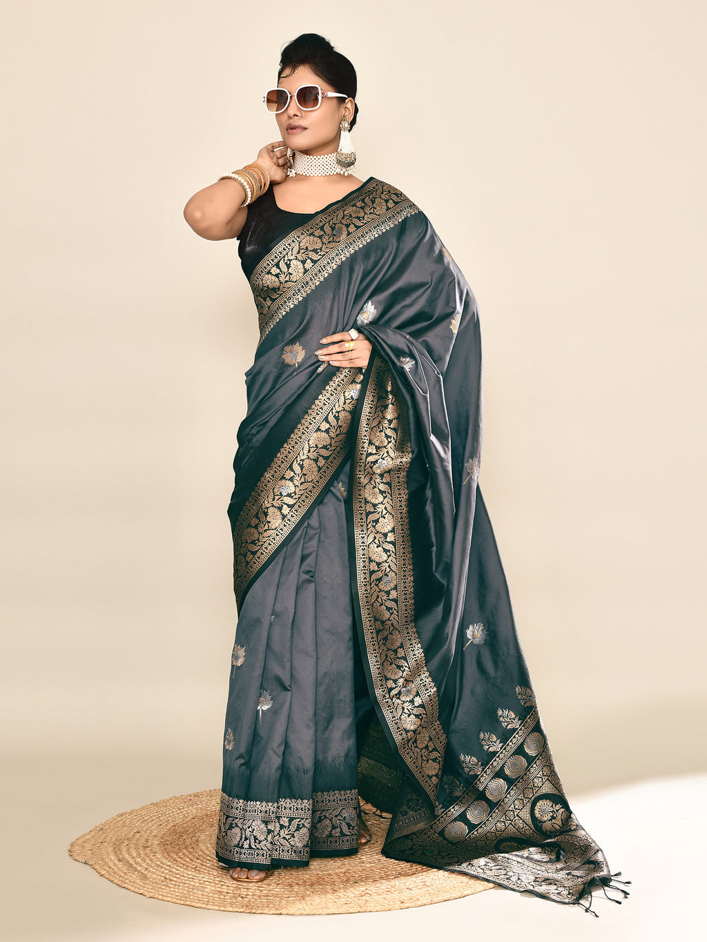 Grey and Black Banarasi Silk Saree with Unstitched Blouse