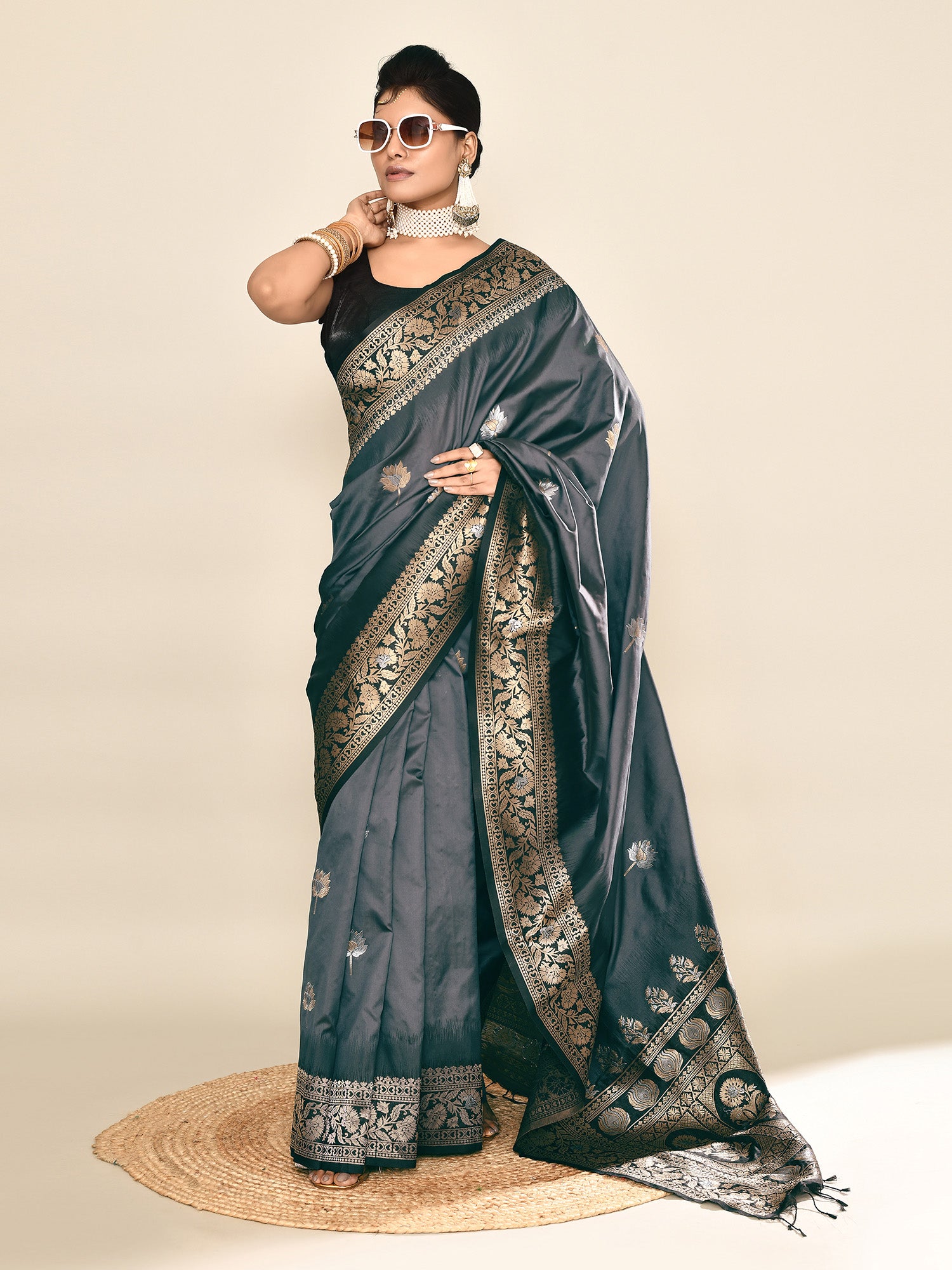 Grey and Black Banarasi Silk Saree with Unstitched Blouse
