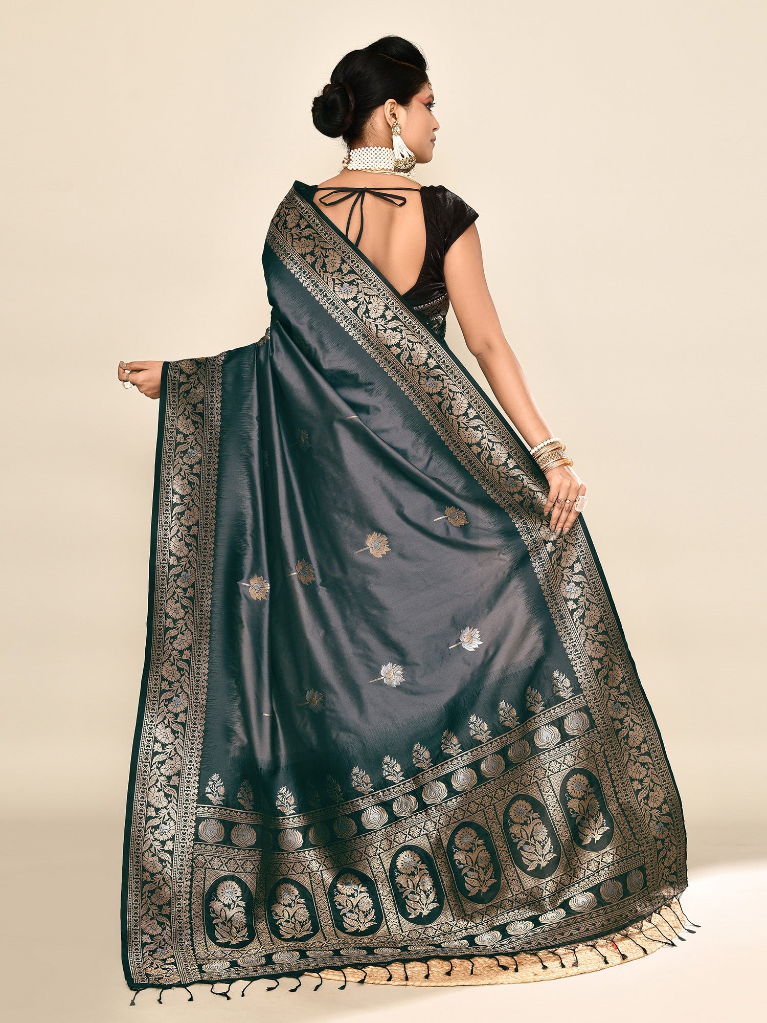 Grey and Black Banarasi Silk Saree with Unstitched Blouse