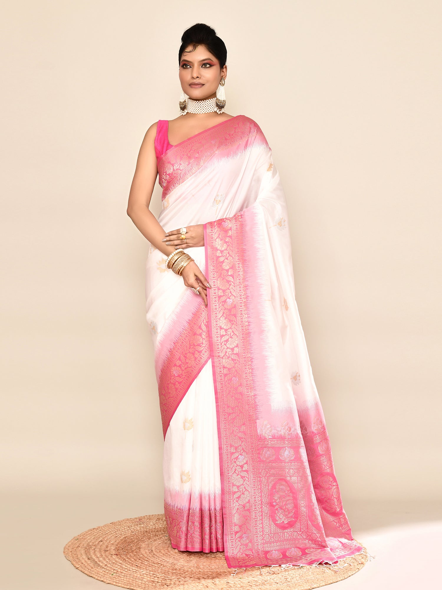 White and Pink Banarasi Silk Saree with Unstitched Blouse