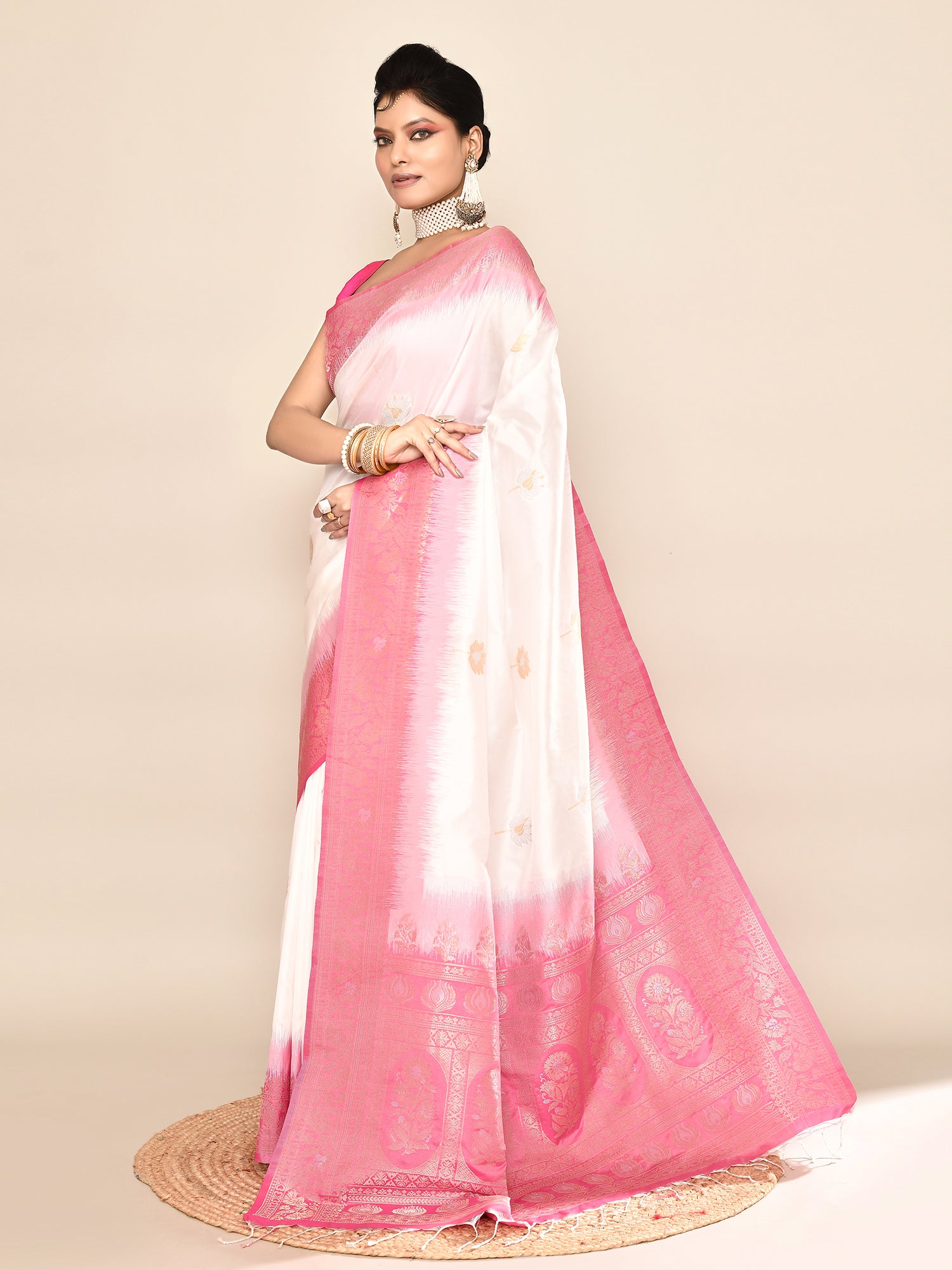 White and Pink Banarasi Silk Saree with Unstitched Blouse
