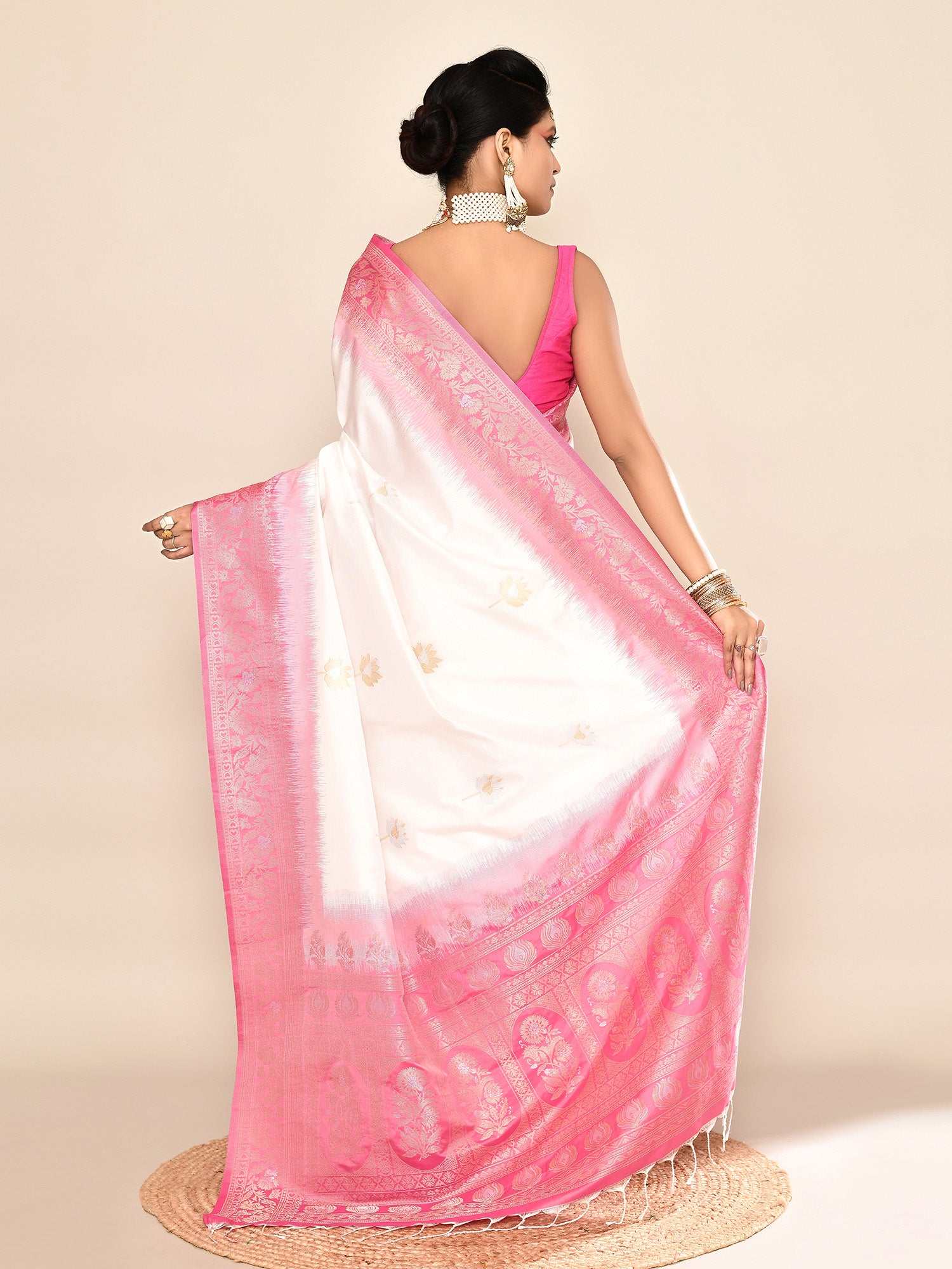 White and Pink Banarasi Silk Saree with Unstitched Blouse