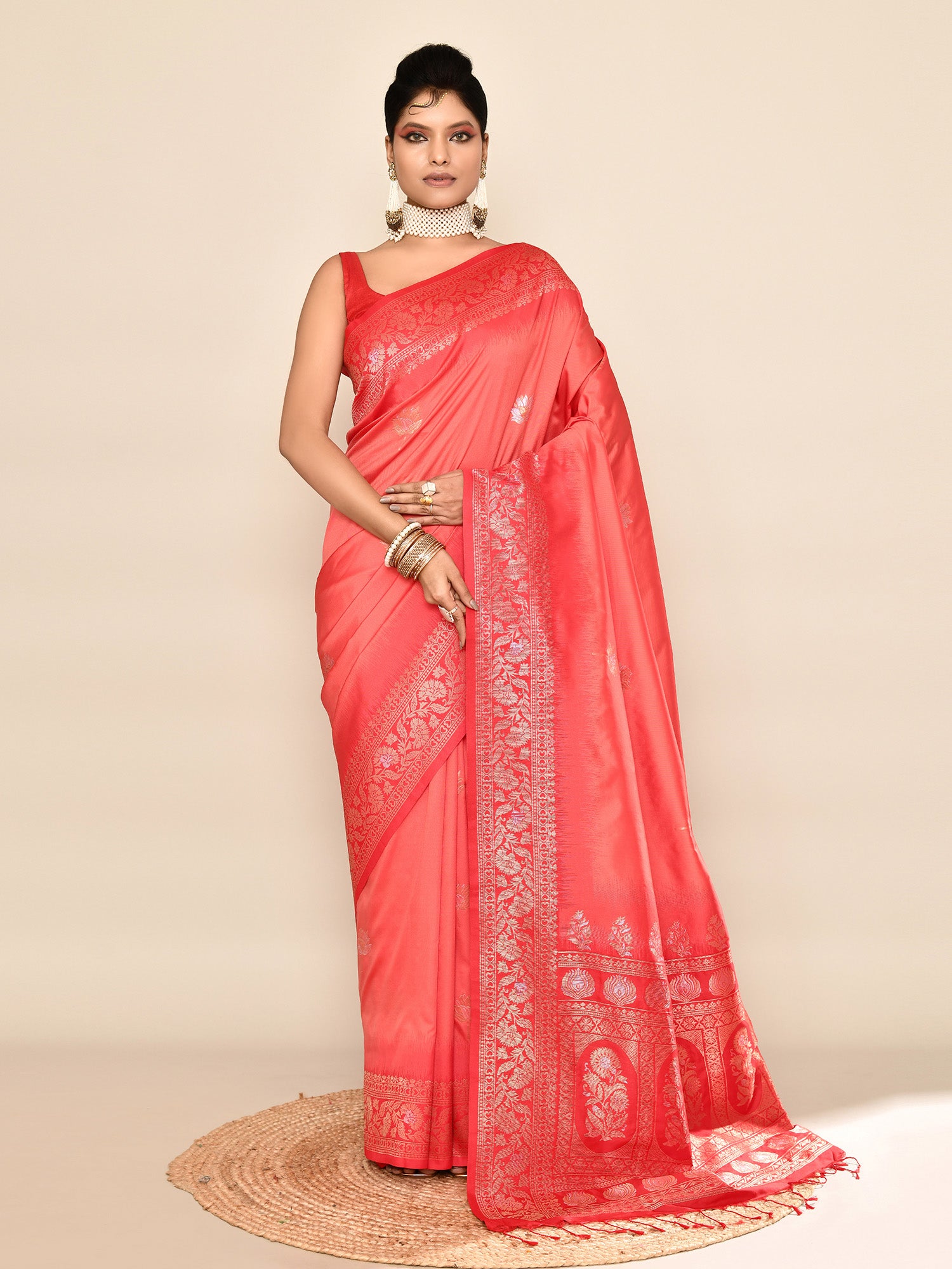 Peach and Red Banarasi Silk Saree with Unstitched Blouse