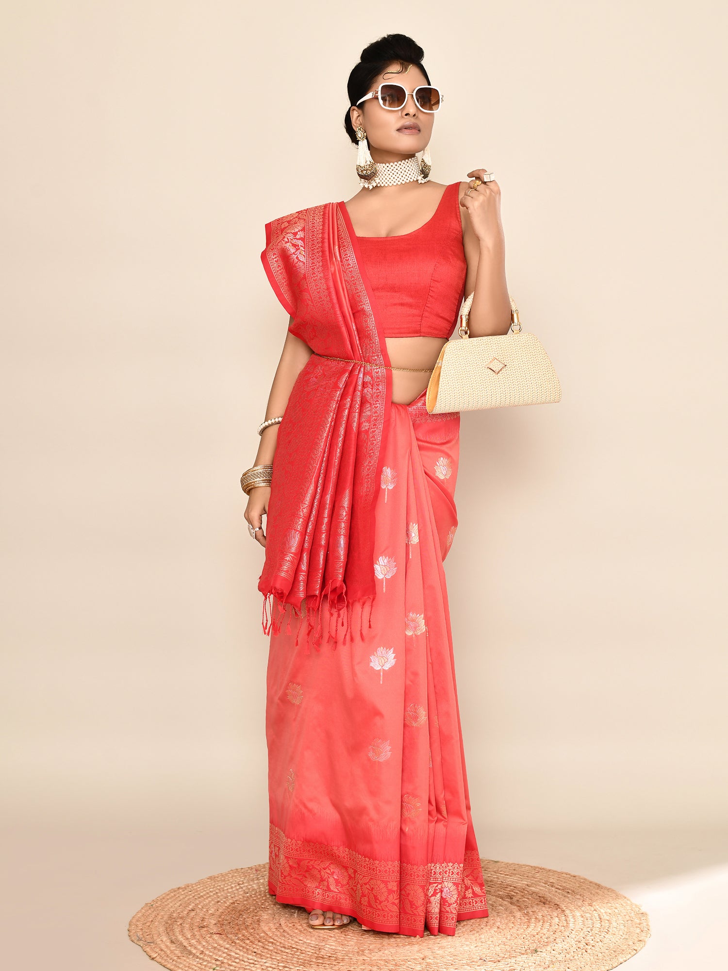 Peach and Red Banarasi Silk Saree with Unstitched Blouse