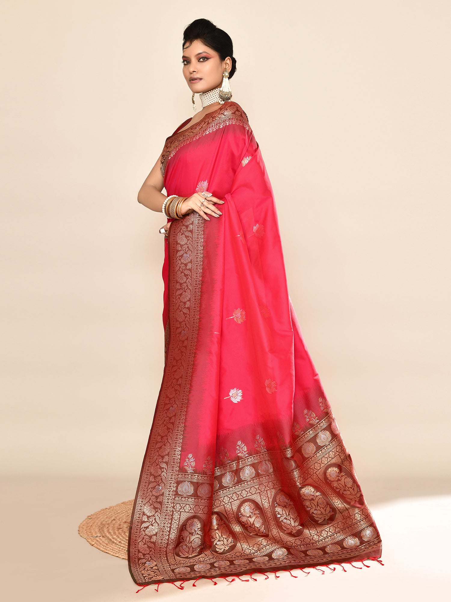 Pink and Green Banarasi Silk Saree with Unstitched Blouse