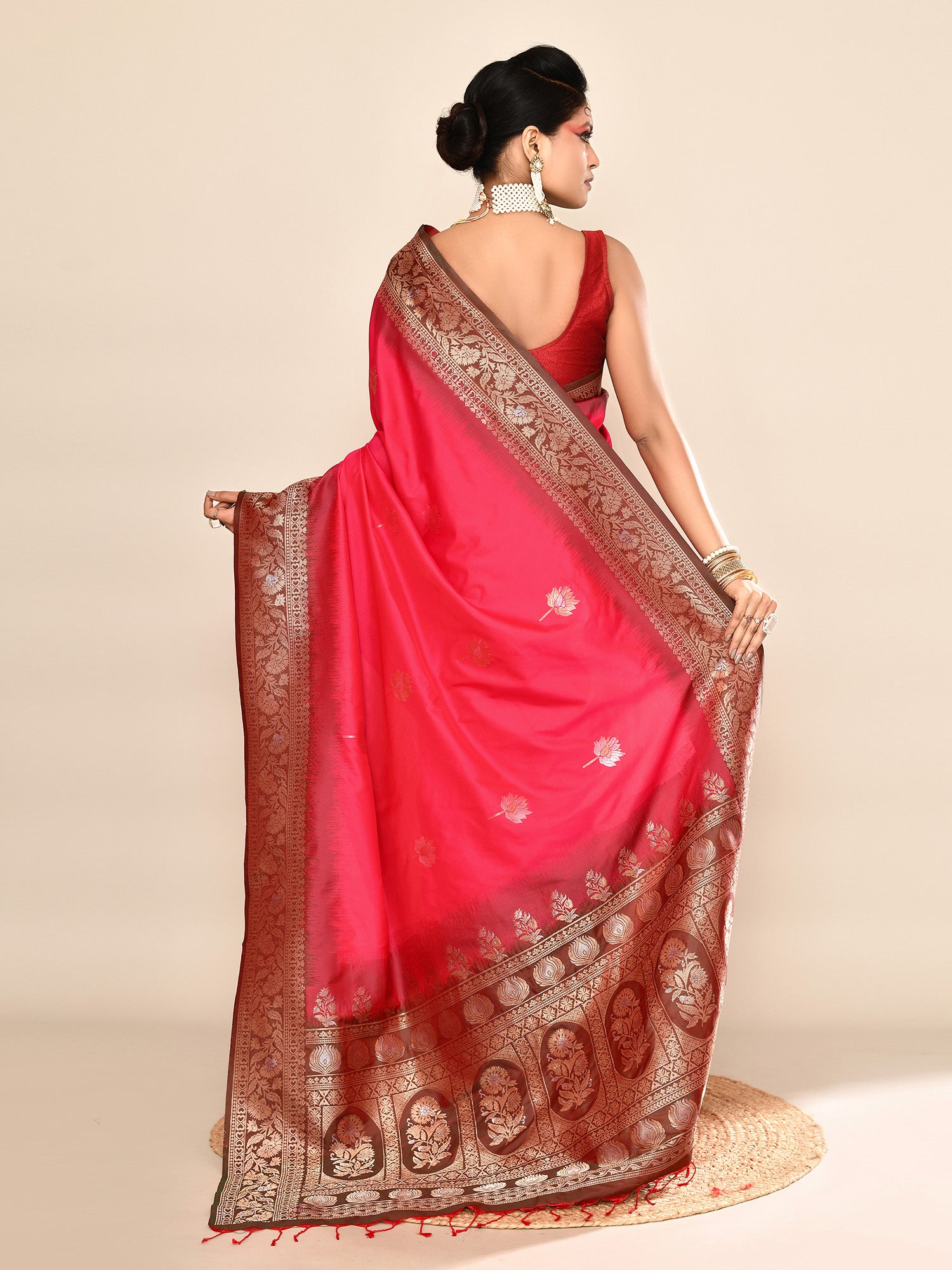Pink and Green Banarasi Silk Saree with Unstitched Blouse