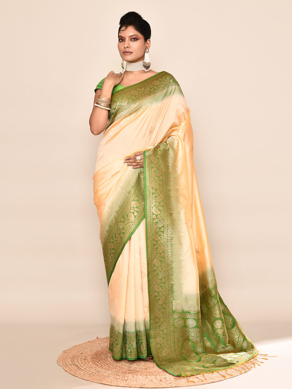 Yellow and Green Banarasi Silk Saree with Unstitched Blouse