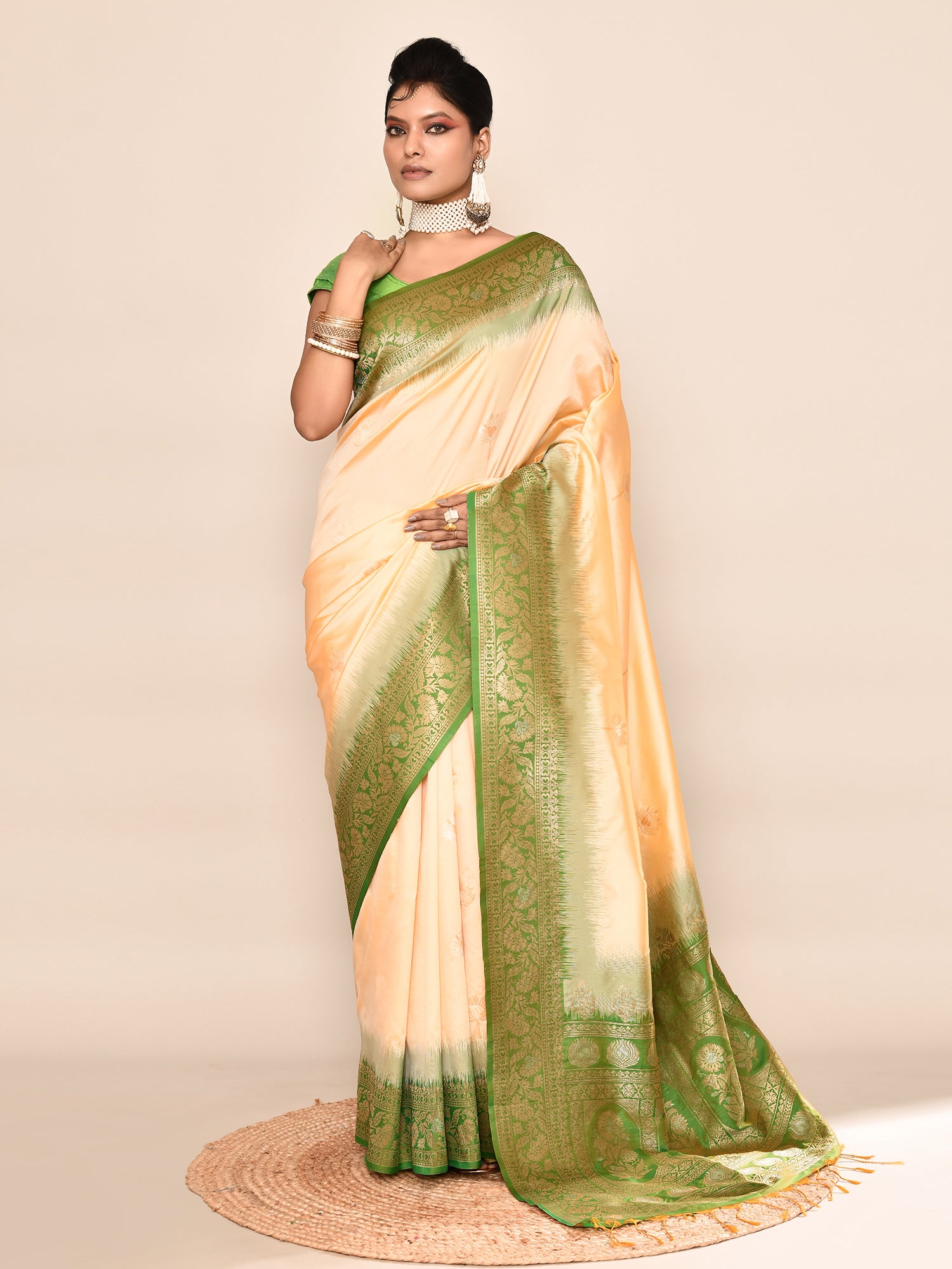 Yellow and Green Banarasi Silk Saree with Unstitched Blouse