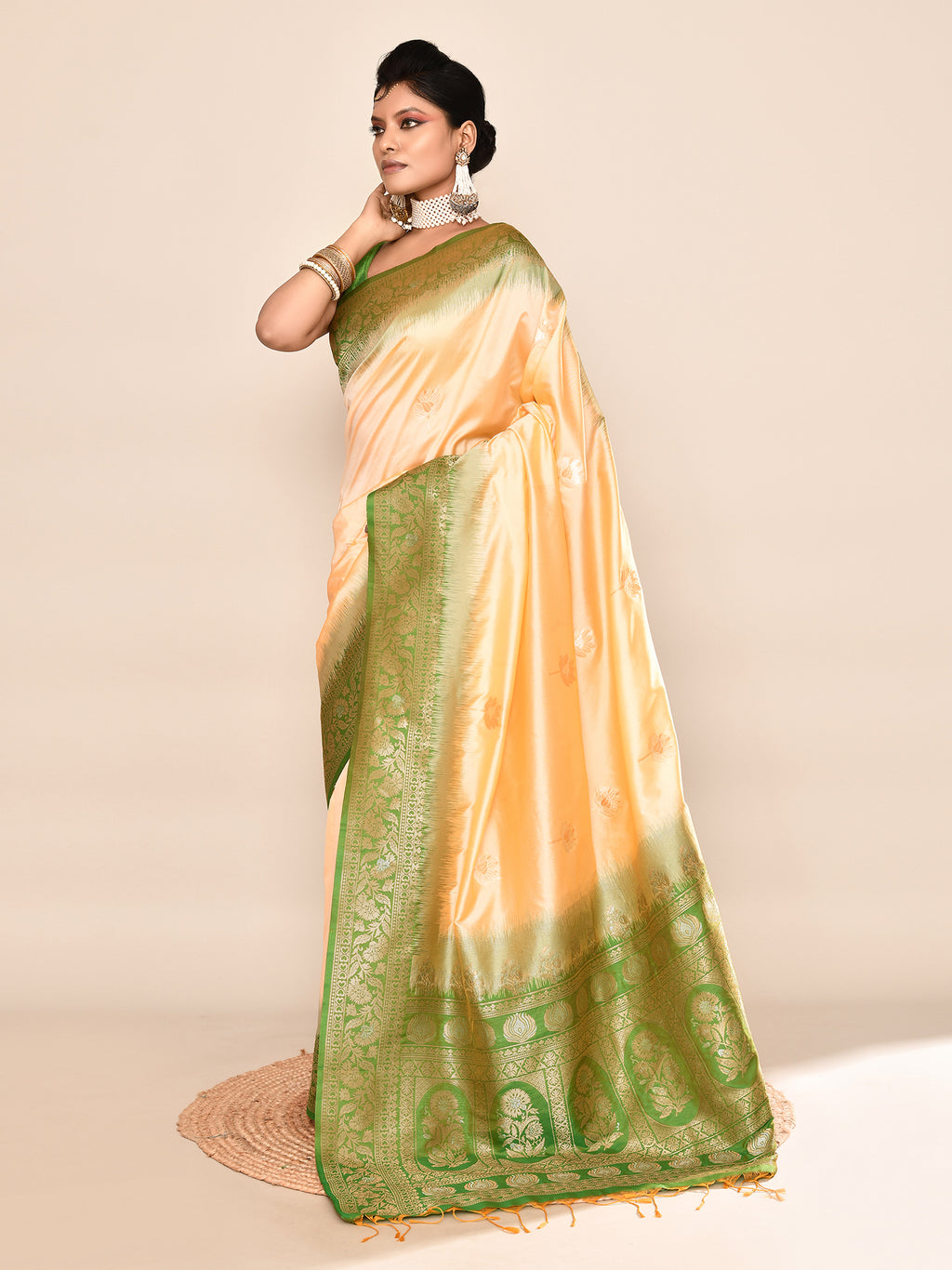 Yellow and Green Banarasi Silk Saree with Unstitched Blouse