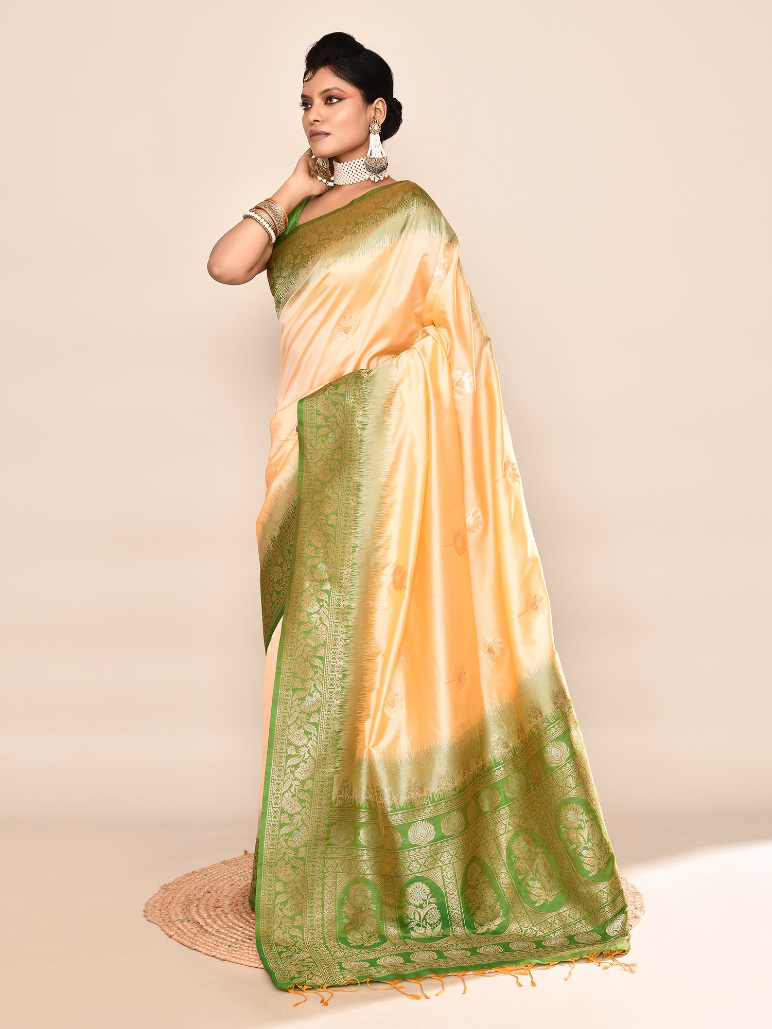Yellow and Green Banarasi Silk Saree with Unstitched Blouse