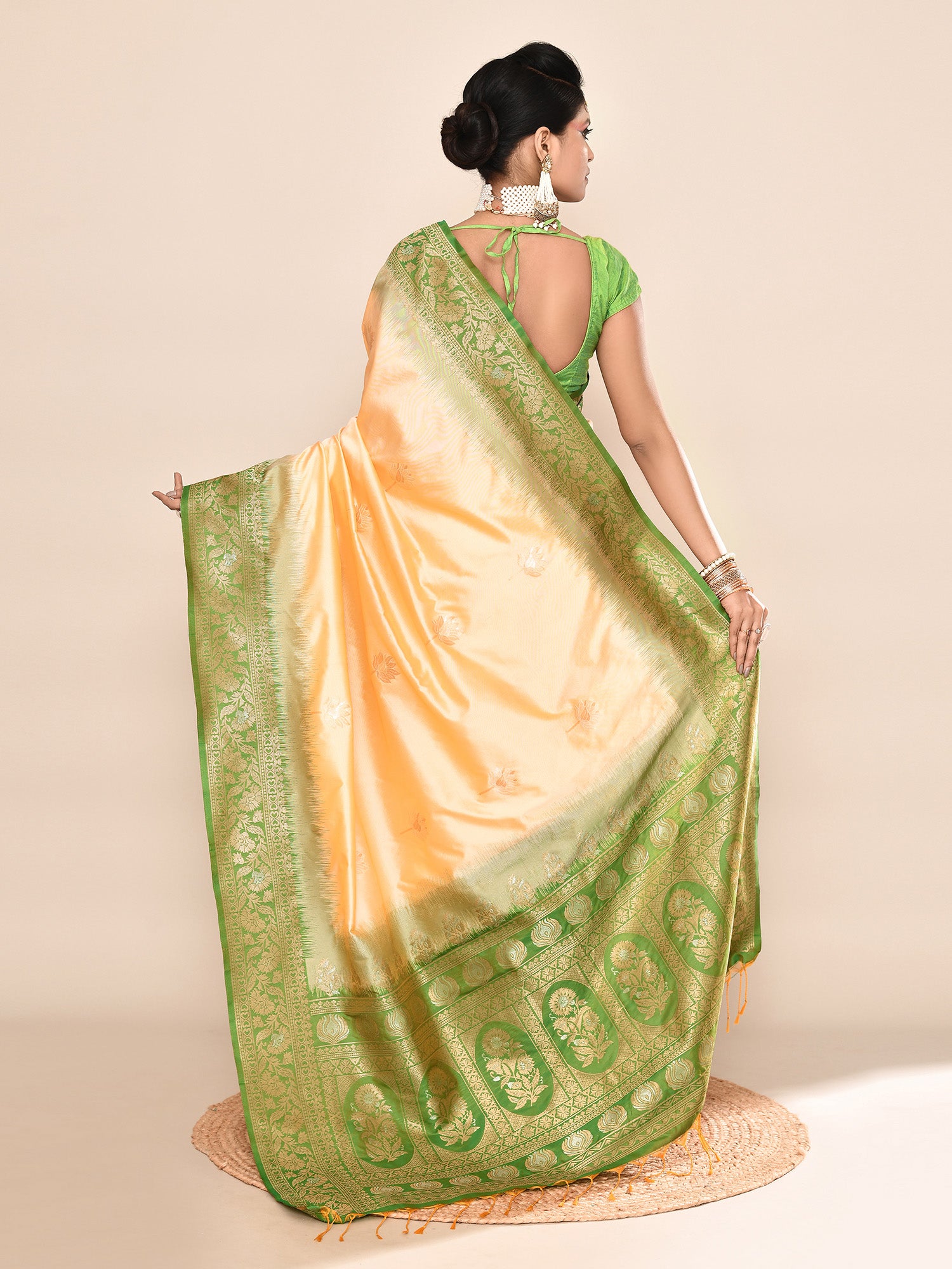 Yellow and Green Banarasi Silk Saree with Unstitched Blouse