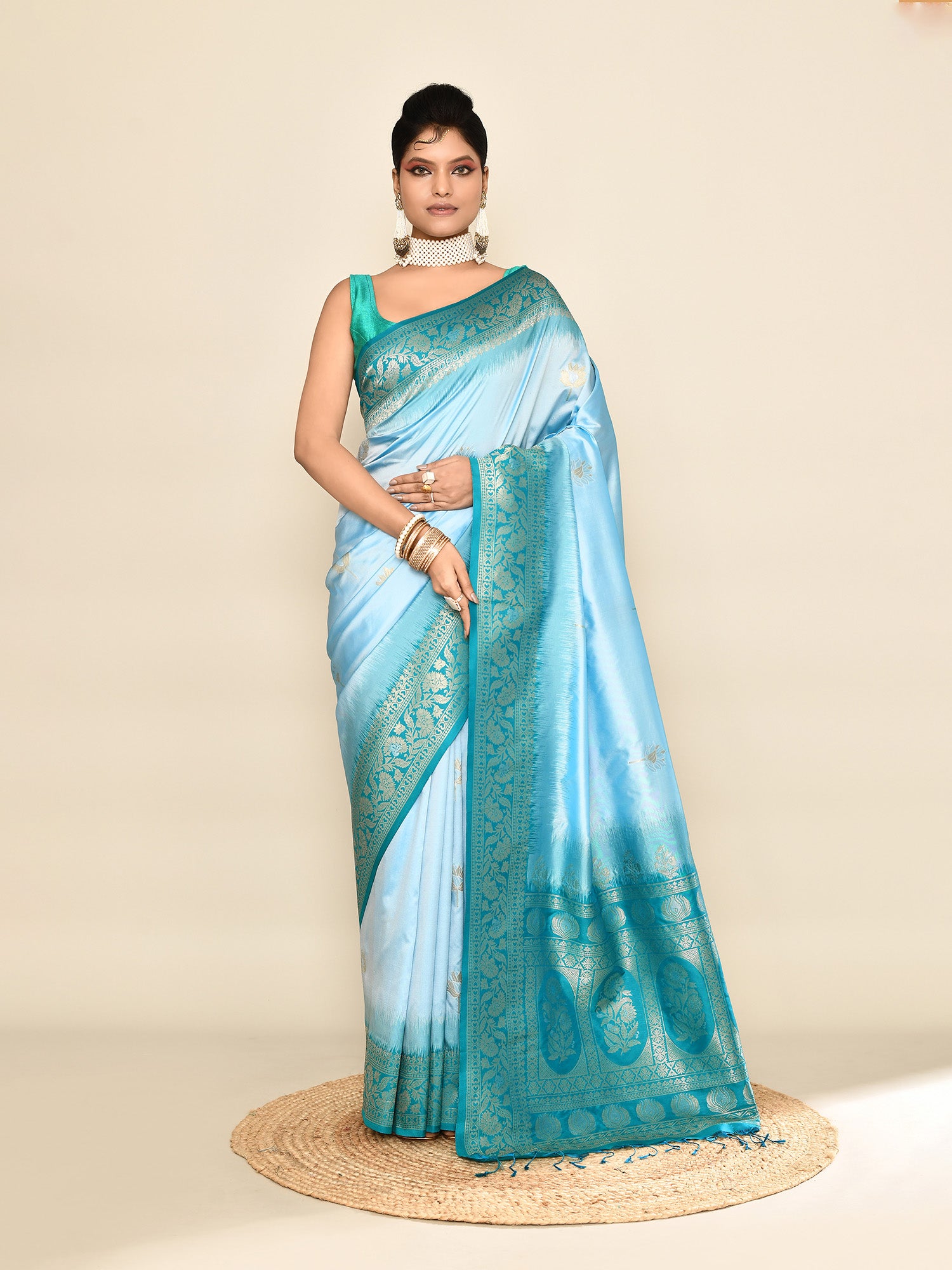 Sky Blue Banarasi Silk Saree with Unstitched blouse