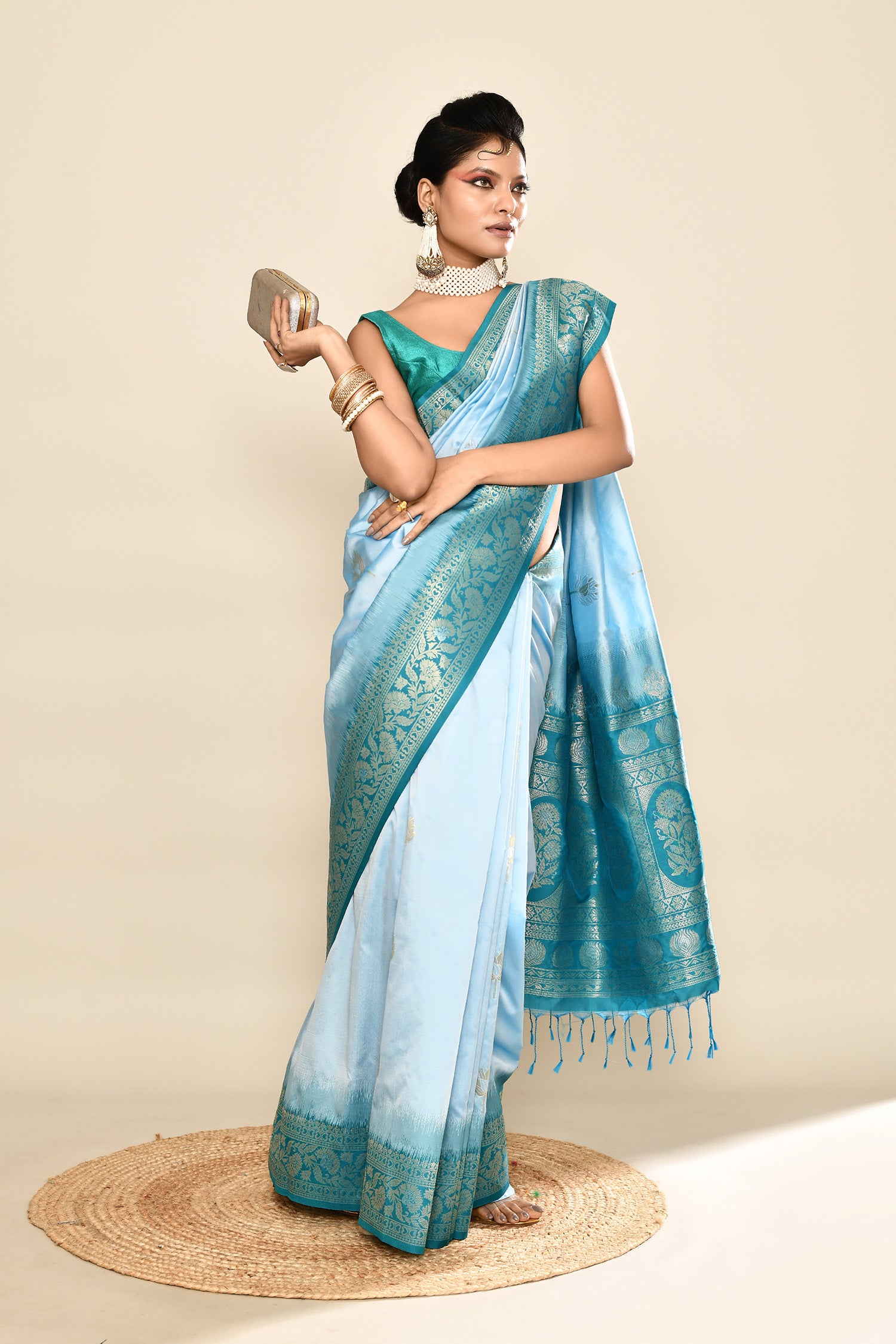 Sky Blue Banarasi Silk Saree with Unstitched blouse