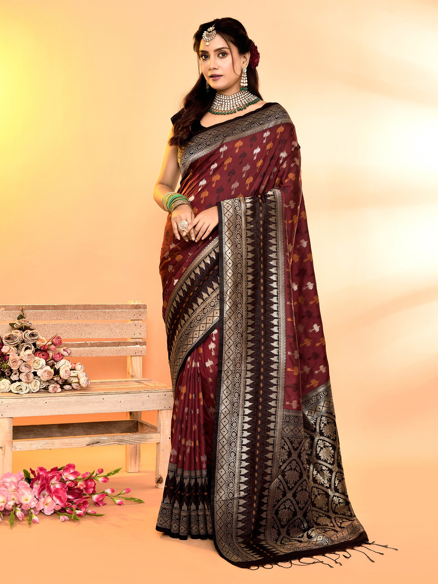 Maroon and Brown Banarasi Silk Saree with Unstitched Blouse
