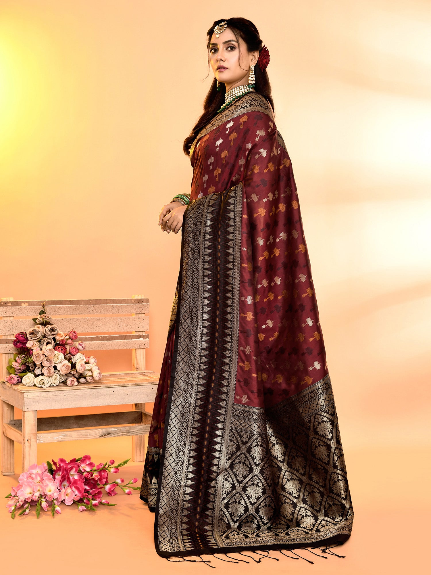 Maroon and Brown Banarasi Silk Saree with Unstitched Blouse