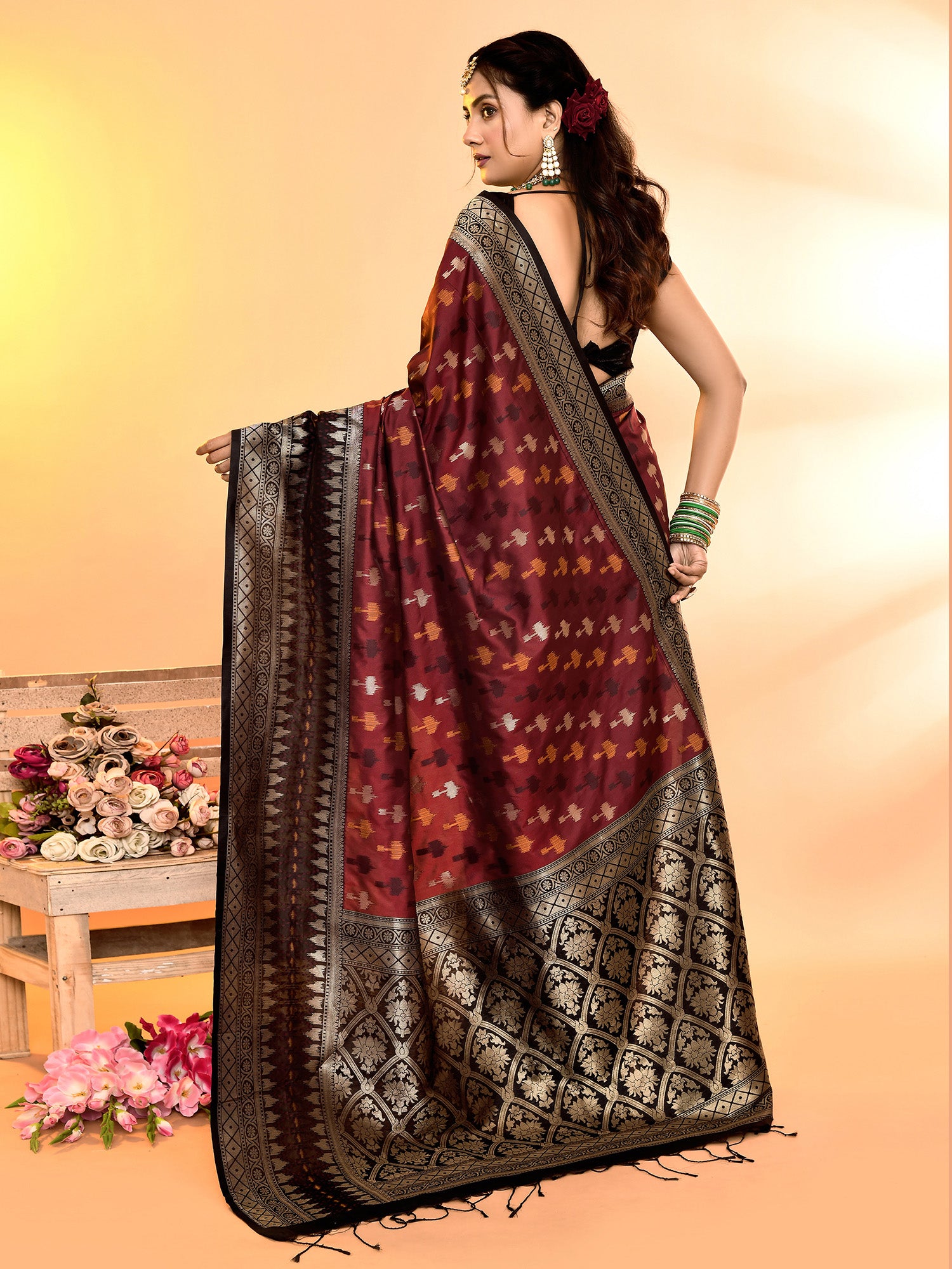 Maroon and Brown Banarasi Silk Saree with Unstitched Blouse
