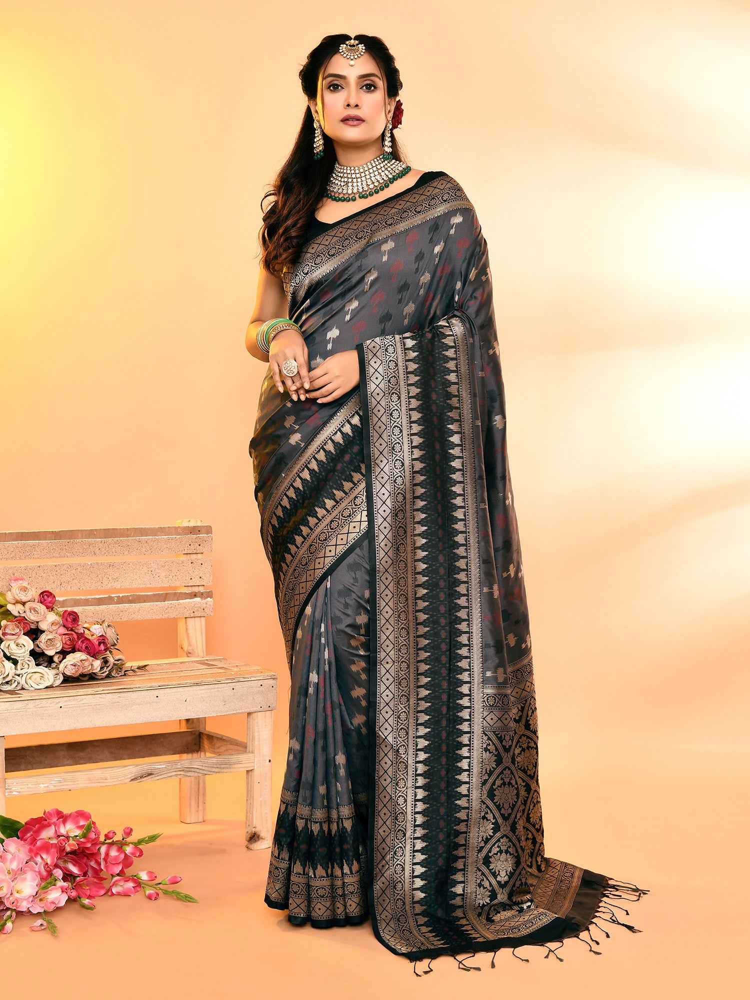 Grey and Black Banarasi Silk Saree with Unstitched Blouse