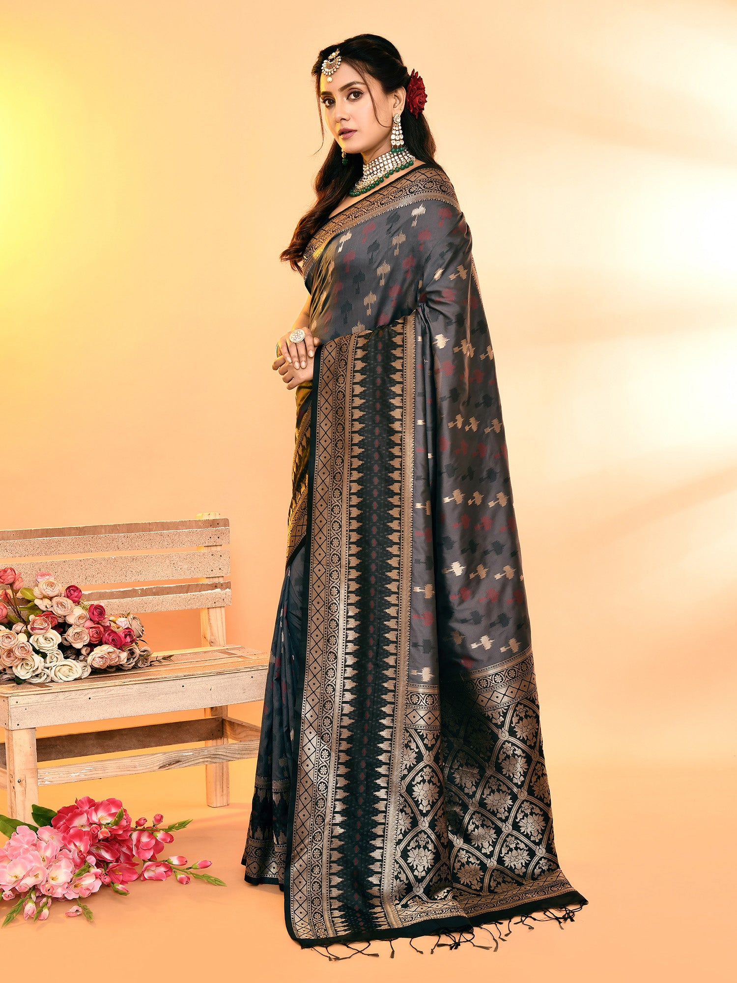 Grey and Black Banarasi Silk Saree with Unstitched Blouse