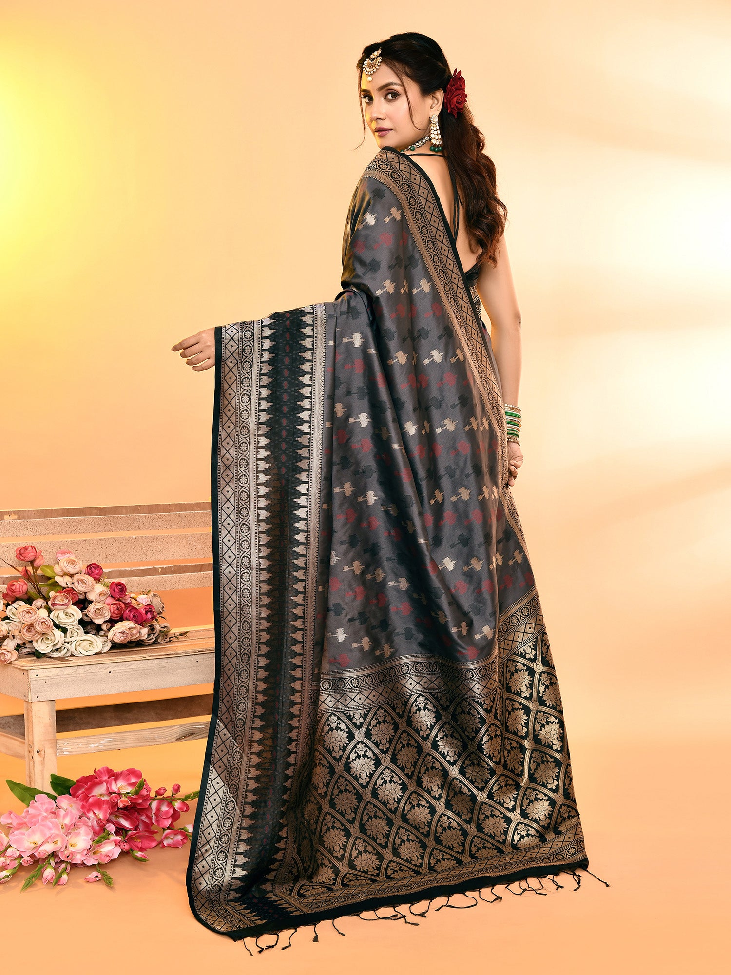 Grey and Black Banarasi Silk Saree with Unstitched Blouse