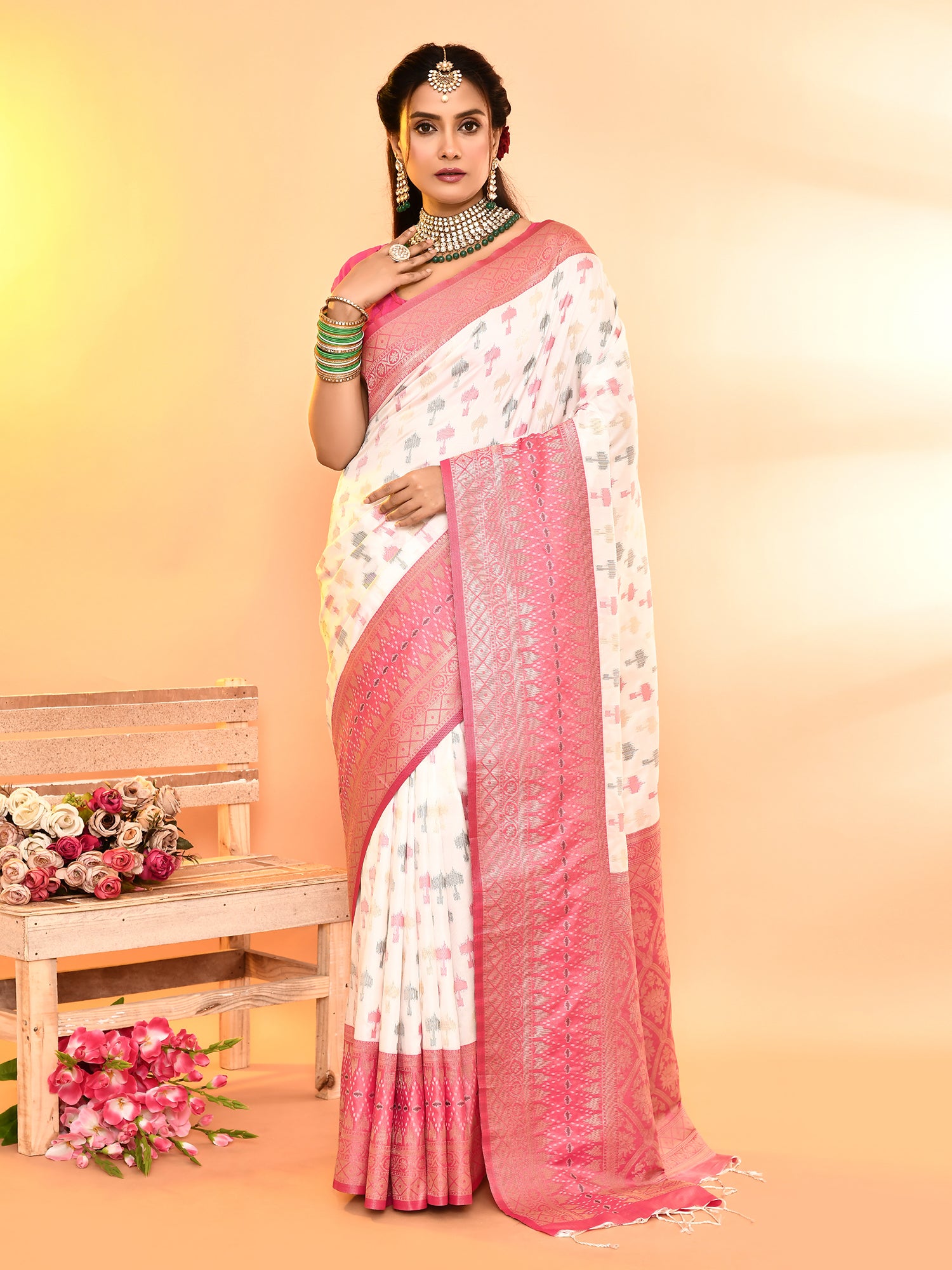 White and Pink Banarasi Silk Saree with Unstitched Blouse