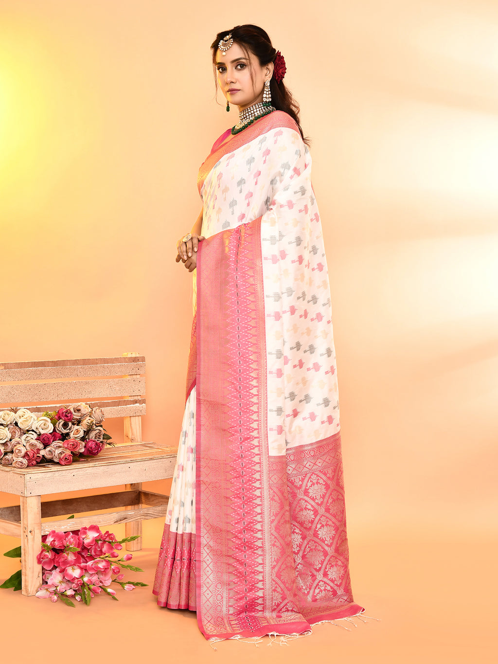 White and Pink Banarasi Silk Saree with Unstitched Blouse