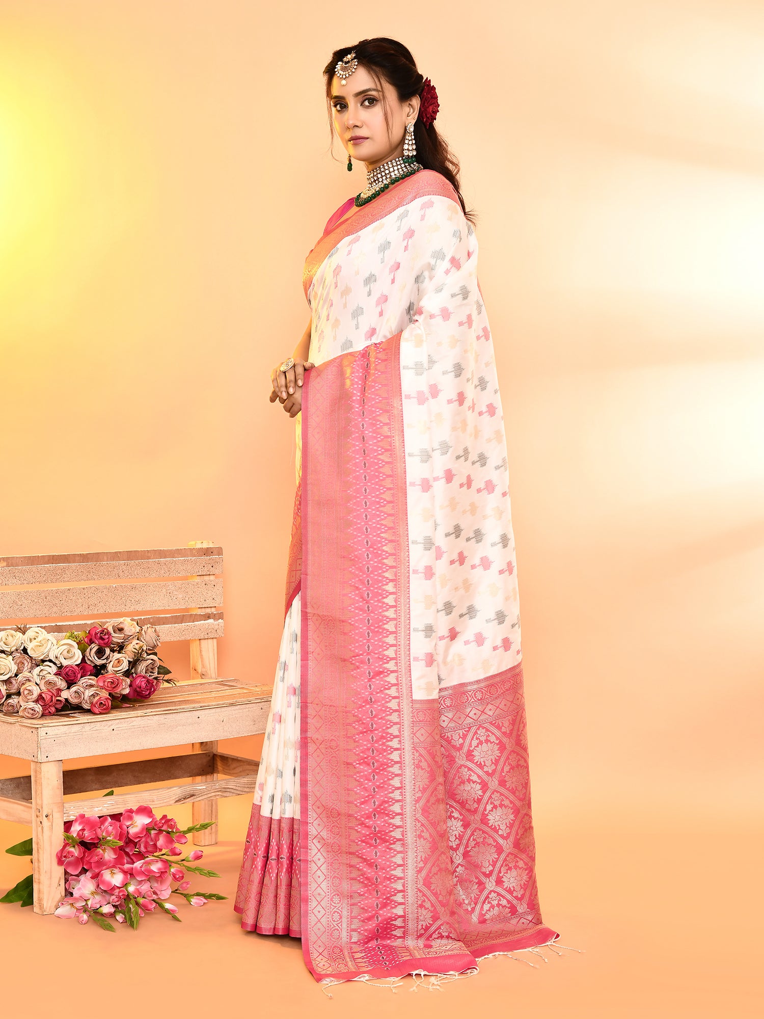 White and Pink Banarasi Silk Saree with Unstitched Blouse