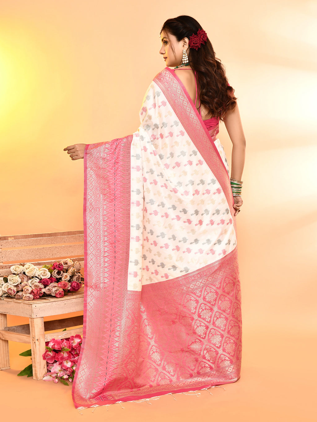 White and Pink Banarasi Silk Saree with Unstitched Blouse