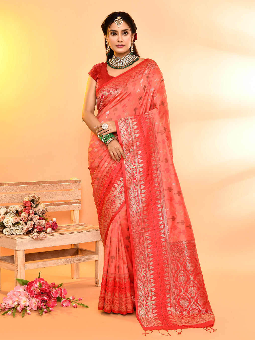 Peach and Red Banarasi Silk Saree with Unstitched Blouse