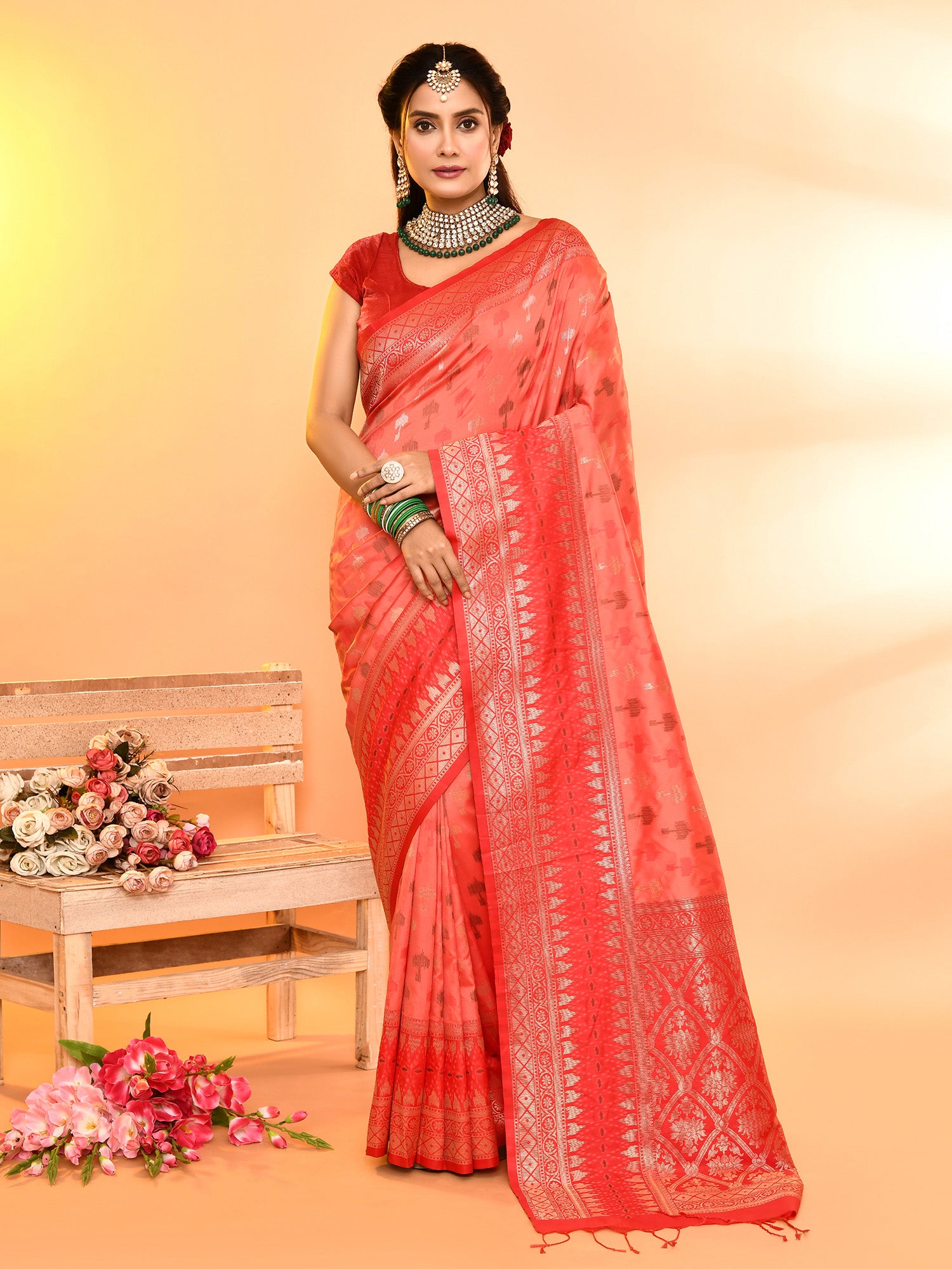 Peach and Red Banarasi Silk Saree with Unstitched Blouse