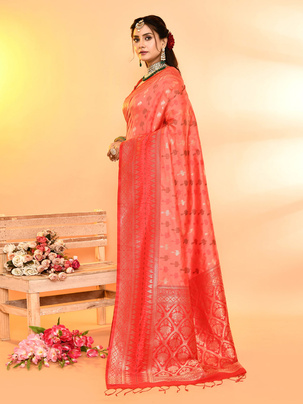 Peach and Red Banarasi Silk Saree with Unstitched Blouse