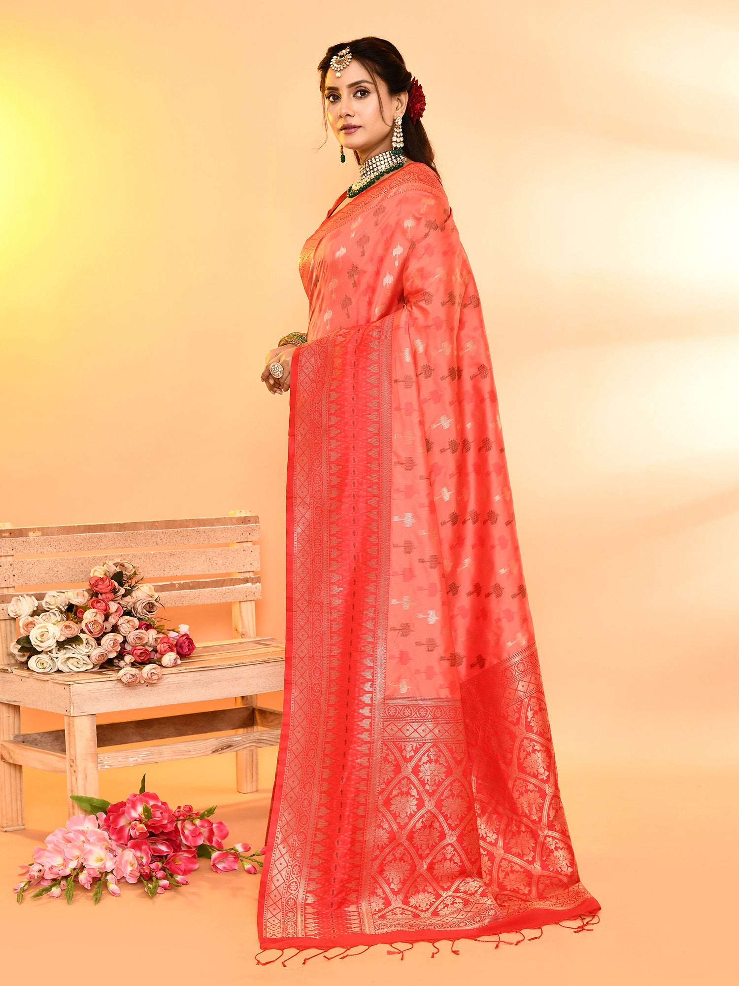 Peach and Red Banarasi Silk Saree with Unstitched Blouse