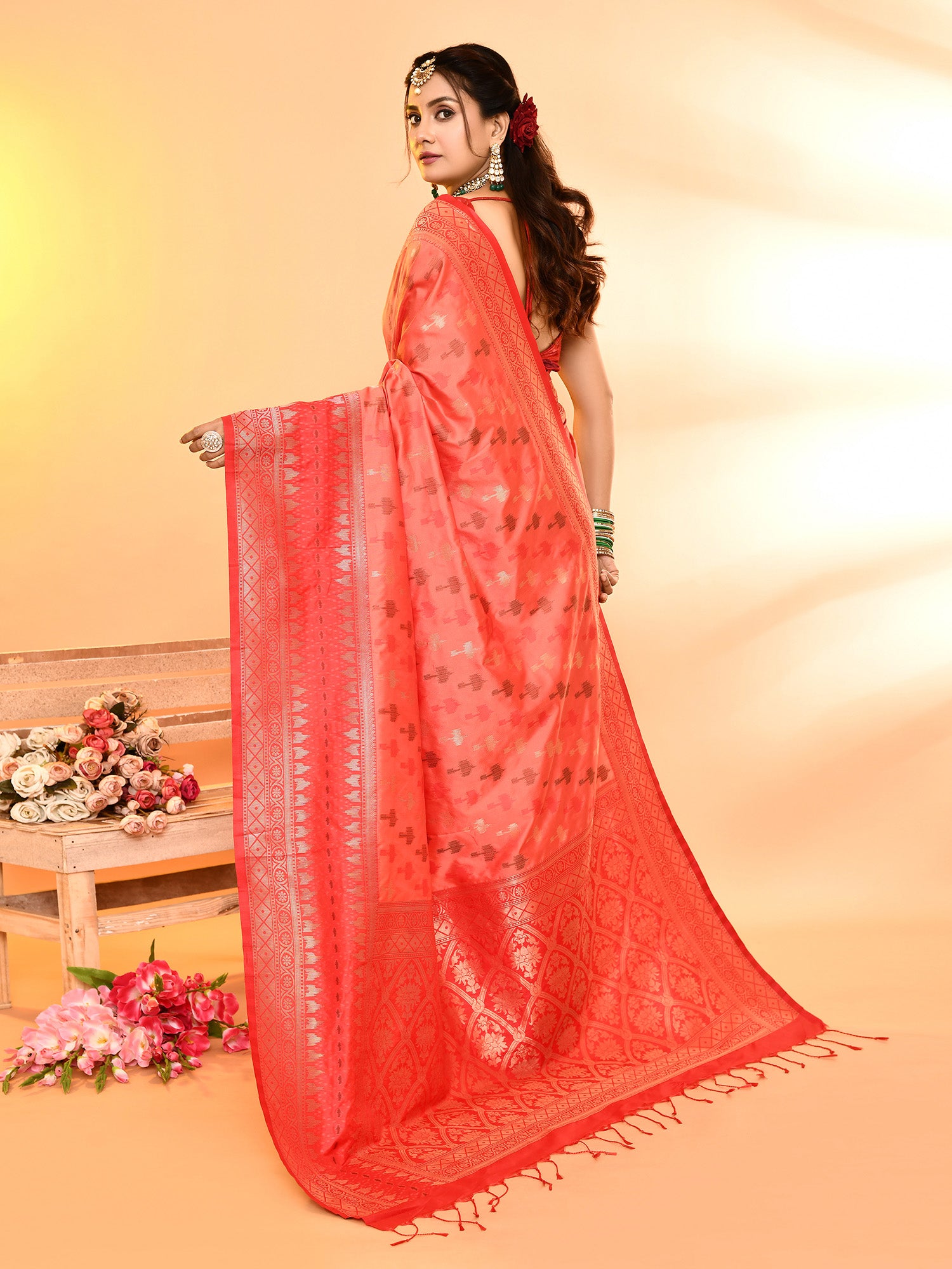 Peach and Red Banarasi Silk Saree with Unstitched Blouse