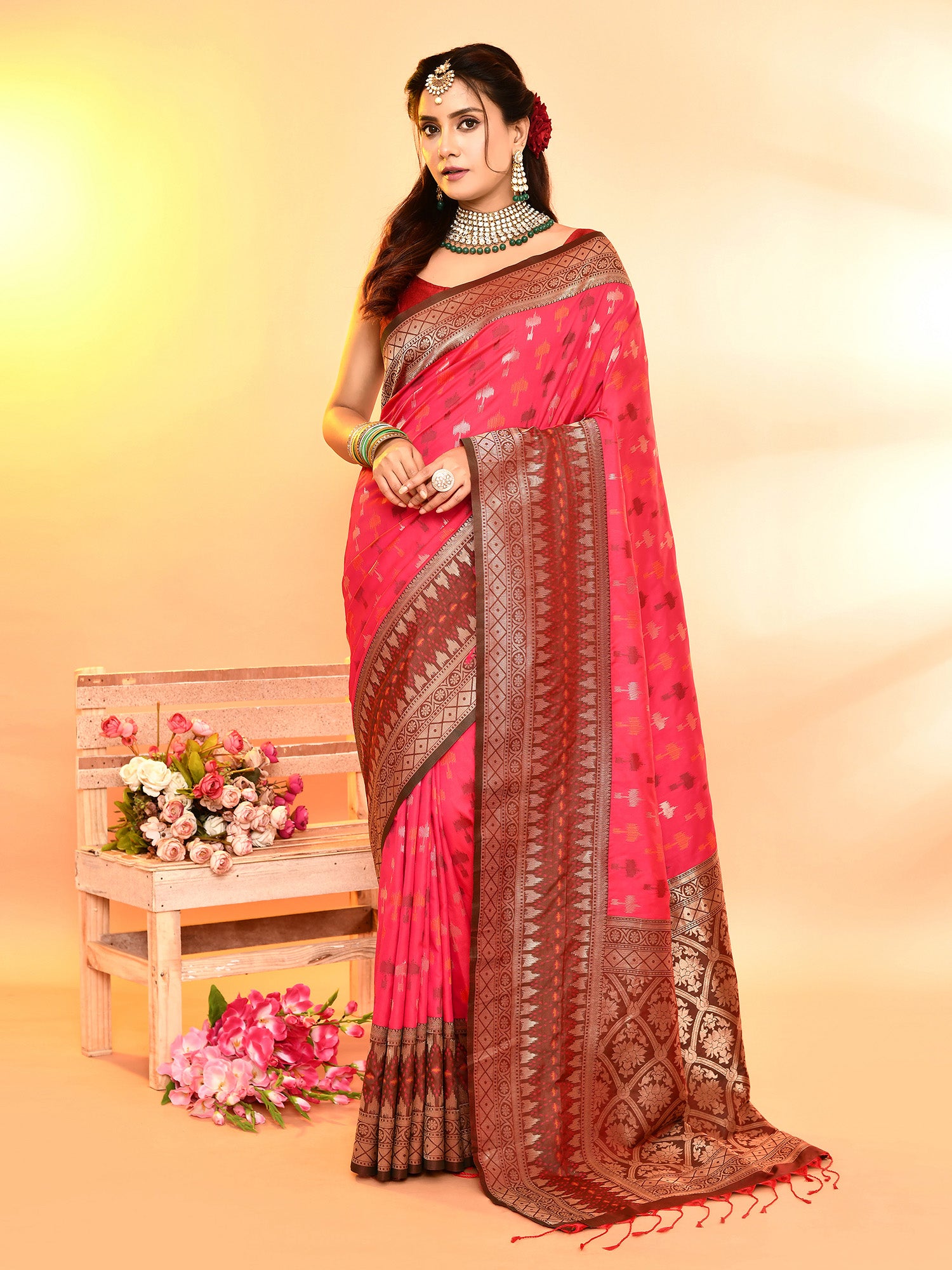 Pink and Green Banarasi Silk Saree with Unstitched Blouse