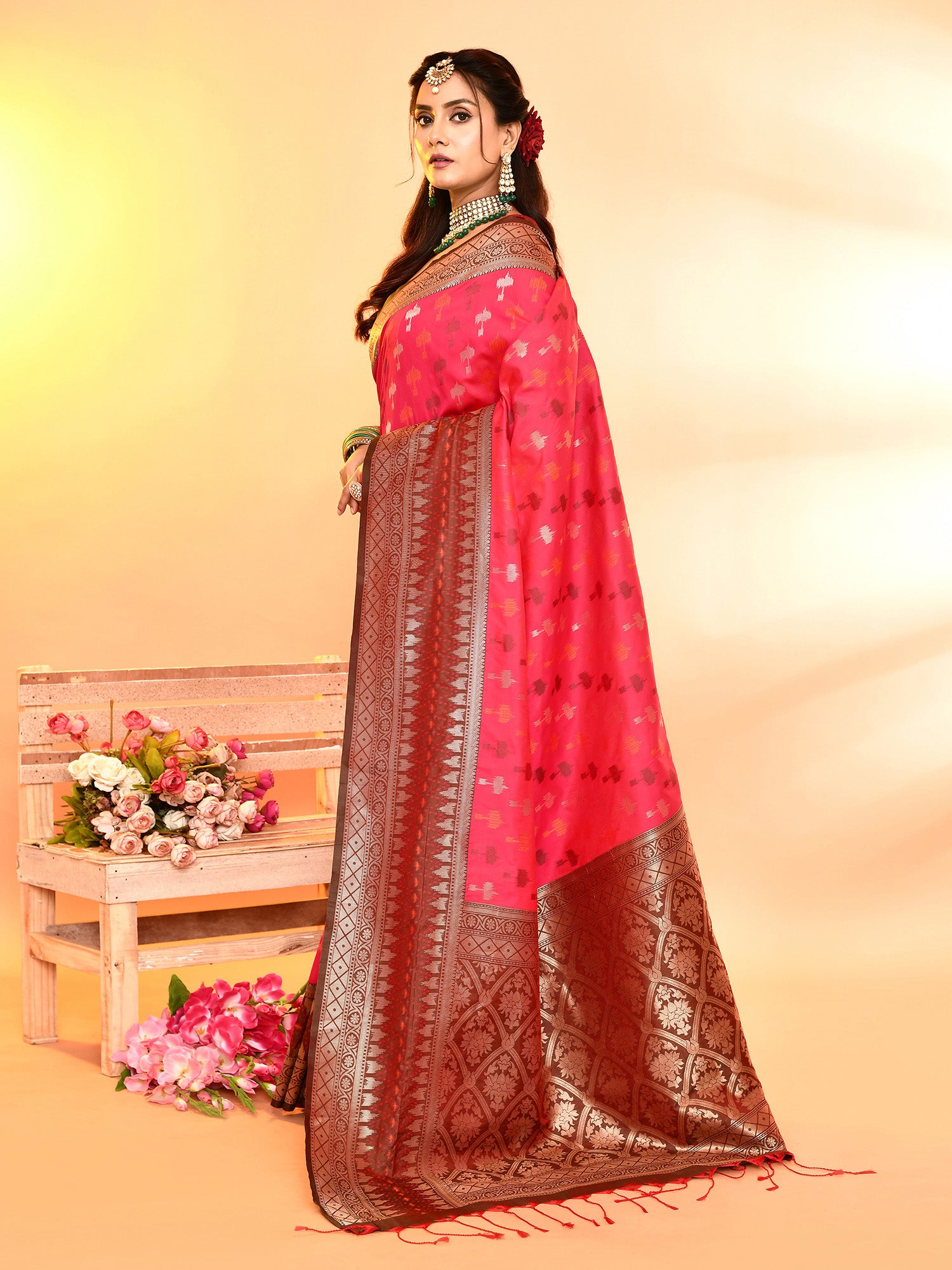 Pink and Green Banarasi Silk Saree with Unstitched Blouse