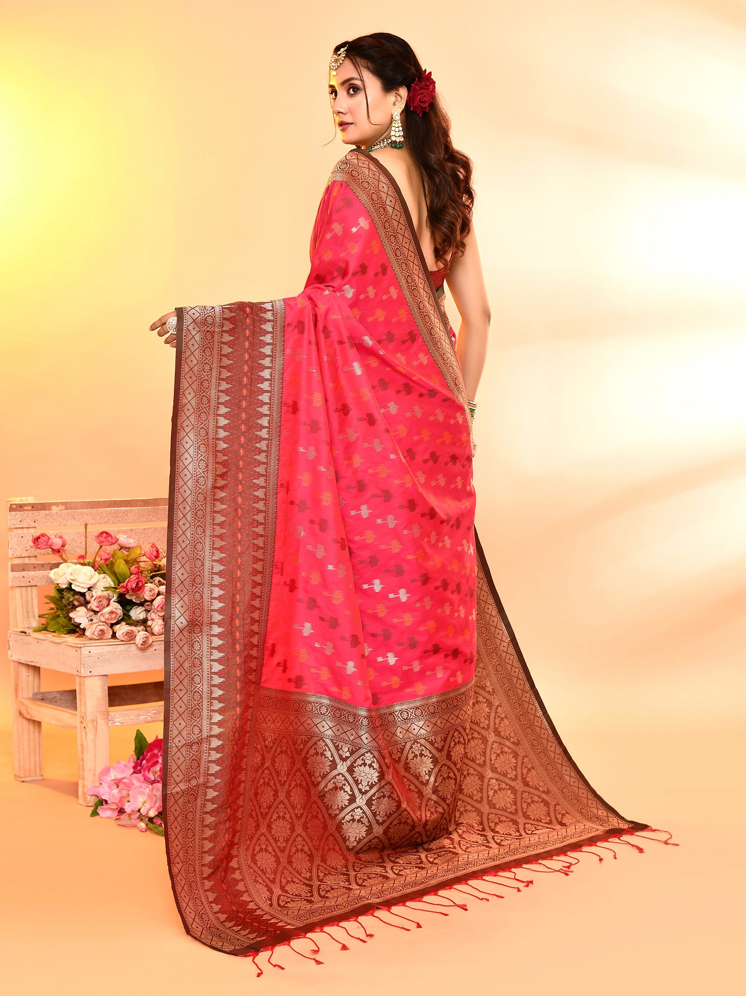 Pink and Green Banarasi Silk Saree with Unstitched Blouse