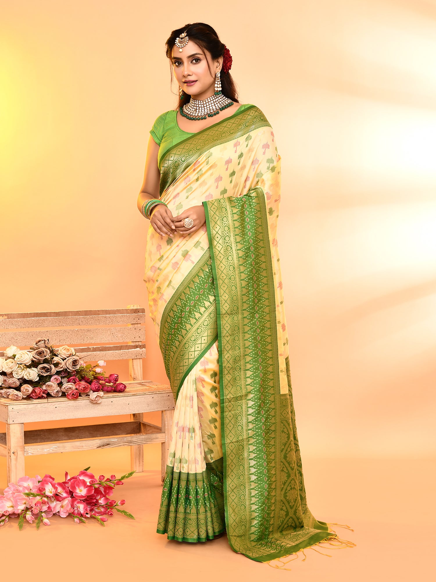 Light Yellow and Green Banarasi Silk Saree with Unstitched Blouse